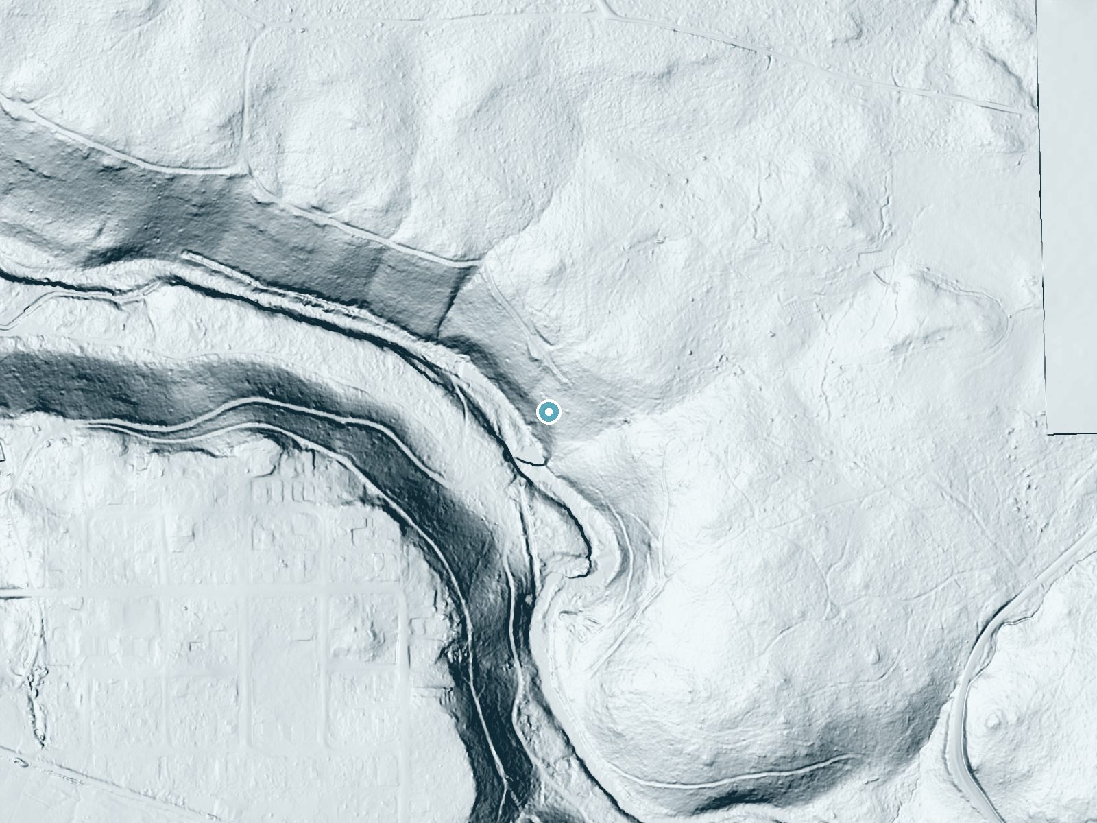 LiDAR bare-earth terrain around Butte Falls near Butte Falls, Oregon, showing about 169 feet of drop, a steep tiered drop, facing southwest