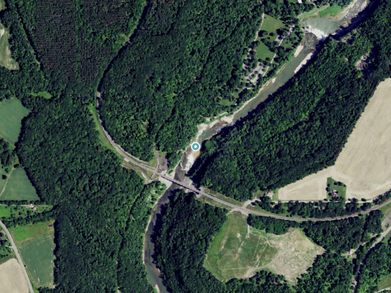 Aerial photo of the same ground around Upper Falls near Hunt, New York, for comparison with the lidar view