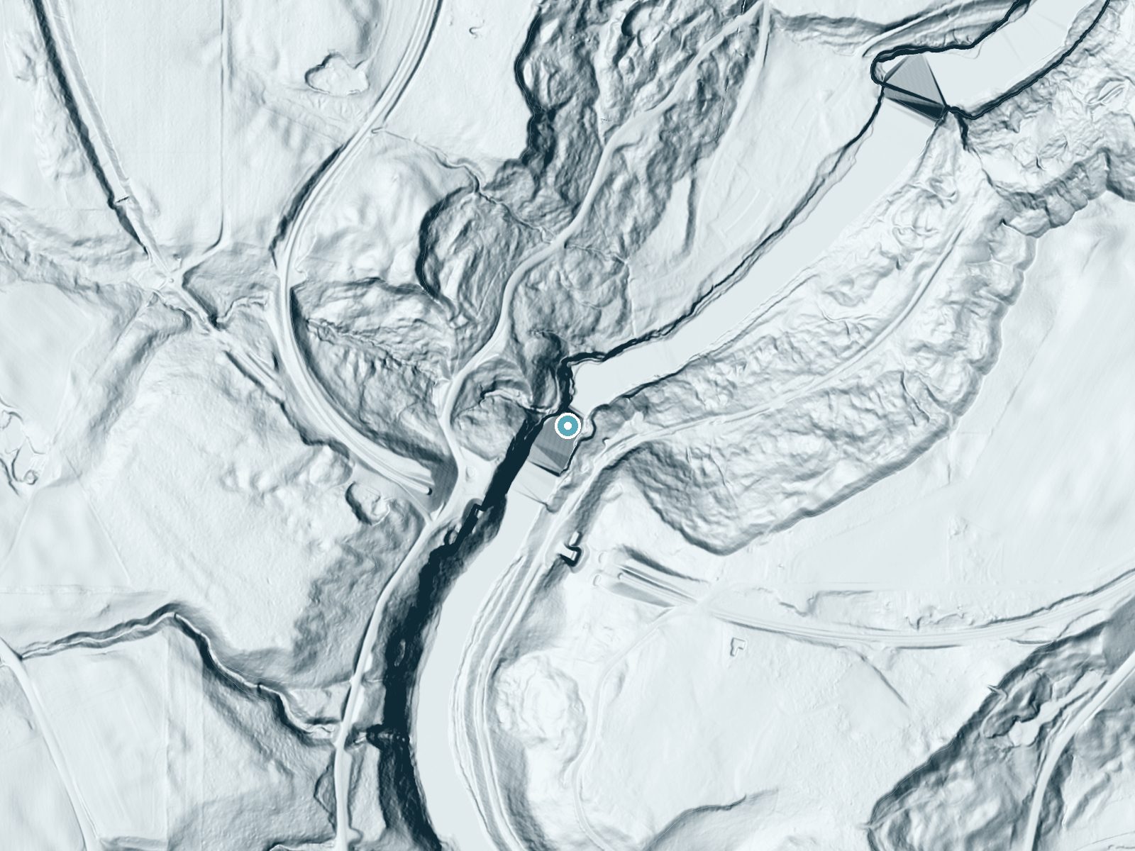 LiDAR bare-earth terrain around Upper Falls near Hunt, New York, showing about 182 feet of drop, a steep tiered drop, facing east