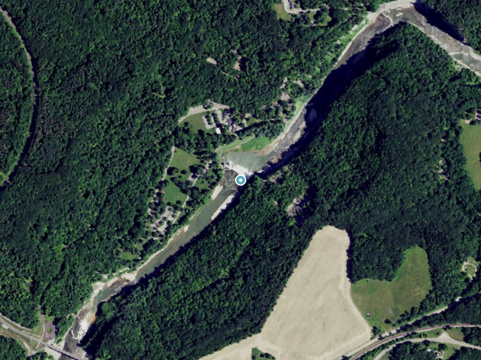 Aerial photo of the same ground around Middle Falls near Hunt, New York, for comparison with the lidar view