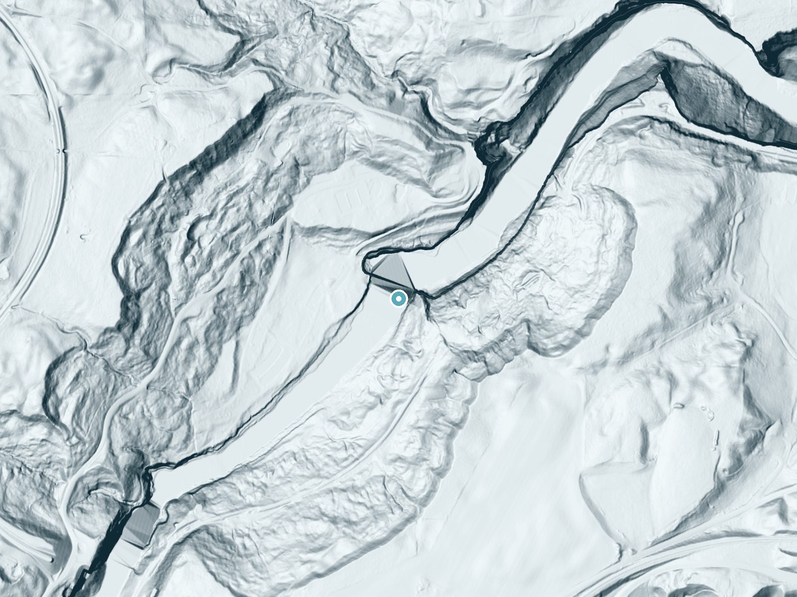LiDAR bare-earth terrain around Middle Falls near Hunt, New York, showing about 216 feet of drop, a steep tiered drop, facing north