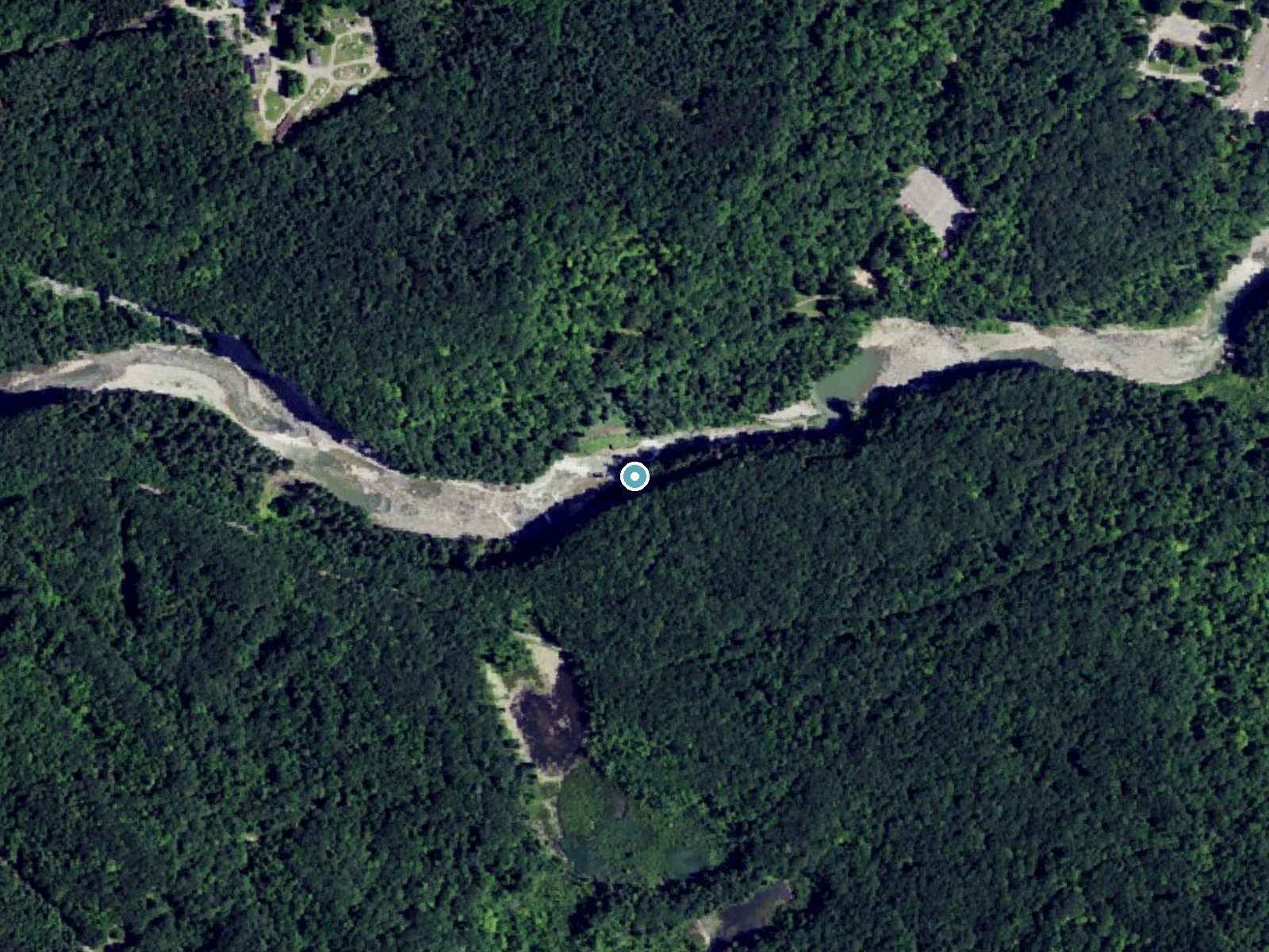 Aerial photo of the same ground around Lower Falls near Hunt, New York, for comparison with the lidar view