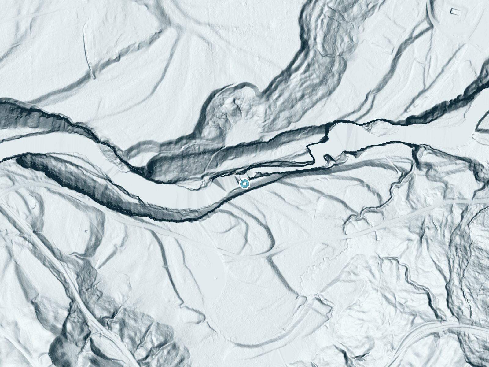 LiDAR bare-earth terrain around Lower Falls near Hunt, New York, showing about 205 feet of drop, a steep tiered drop, facing north