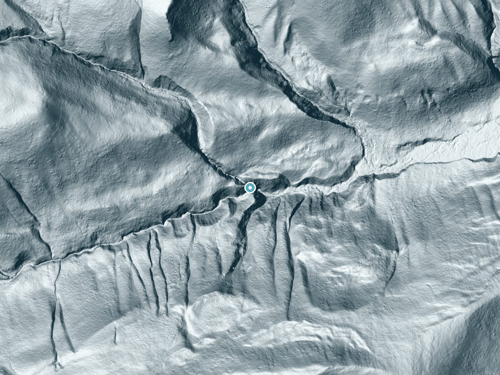 LiDAR bare-earth terrain around Wohelo Falls near Smoot, Wyoming, showing about 164 feet of drop, a steep tiered drop, facing southeast