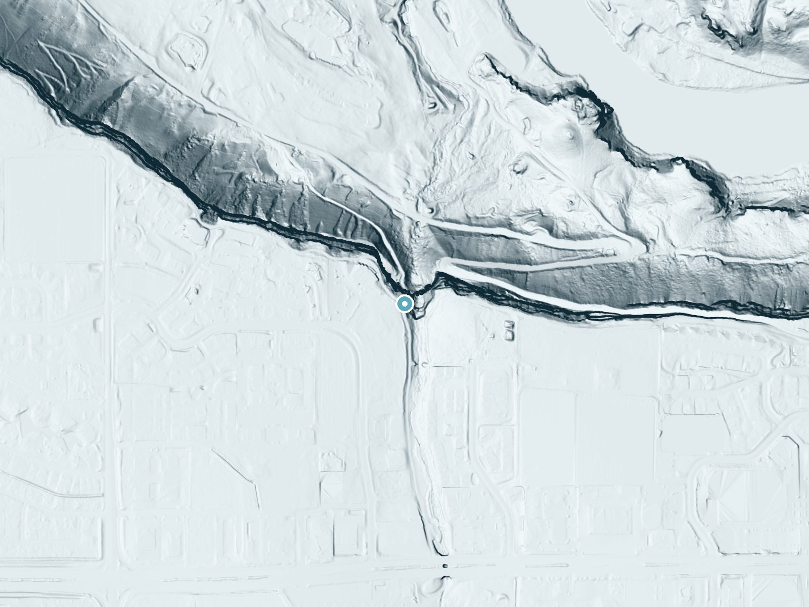 LiDAR bare-earth terrain around Perrine Coulee Falls near Twin Falls, Idaho, showing about 306 feet of drop, a single sheer drop, facing north