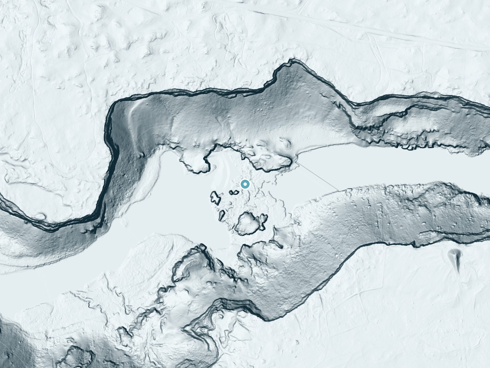 LiDAR bare-earth terrain around Pillar Falls near Twin Falls, Idaho, showing about 83 feet of drop, a long cascade, facing southwest