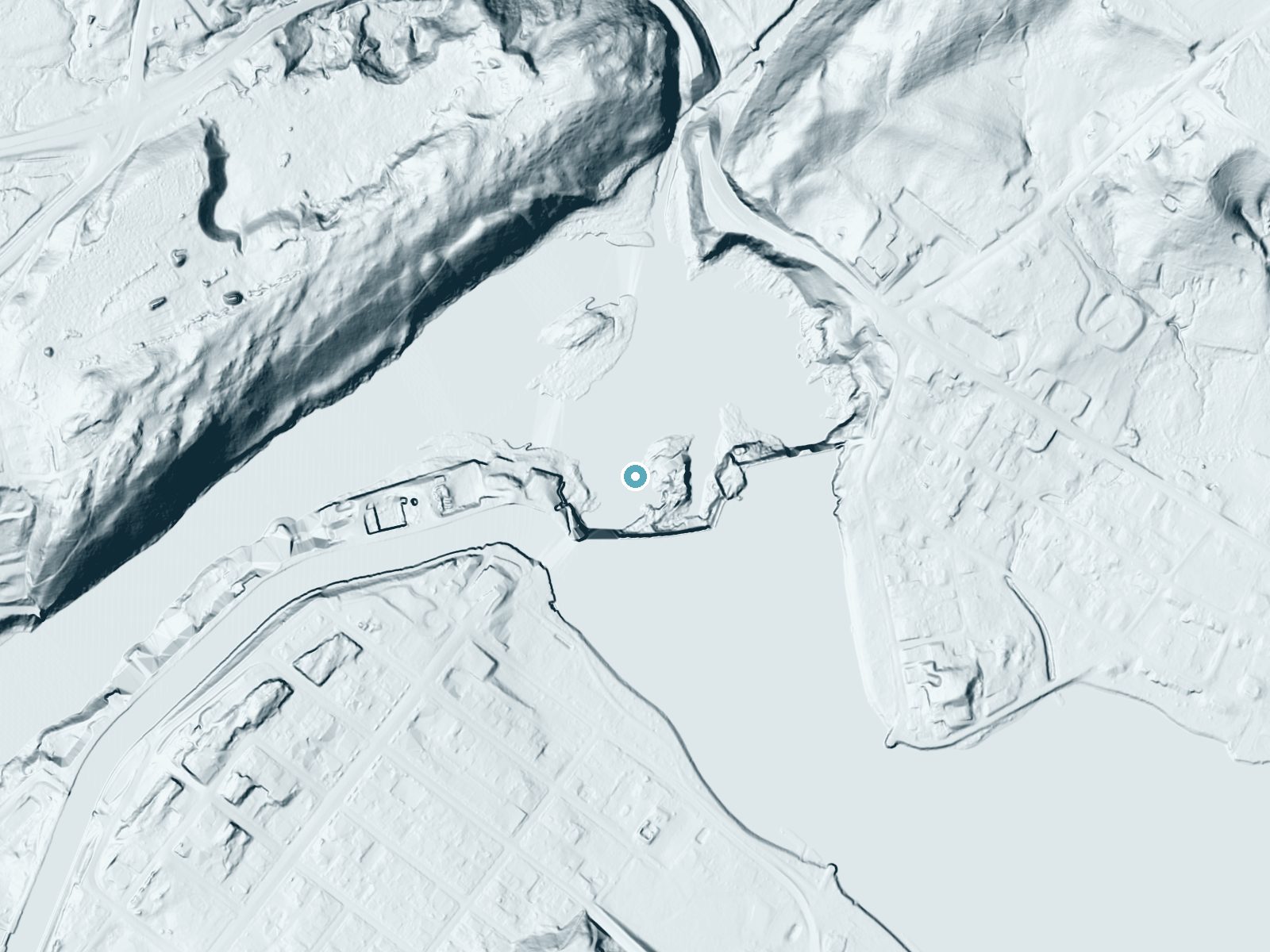 LiDAR bare-earth terrain around Turners Falls near Turners Falls, Massachusetts, showing about 29 feet of drop, a long cascade, facing northwest