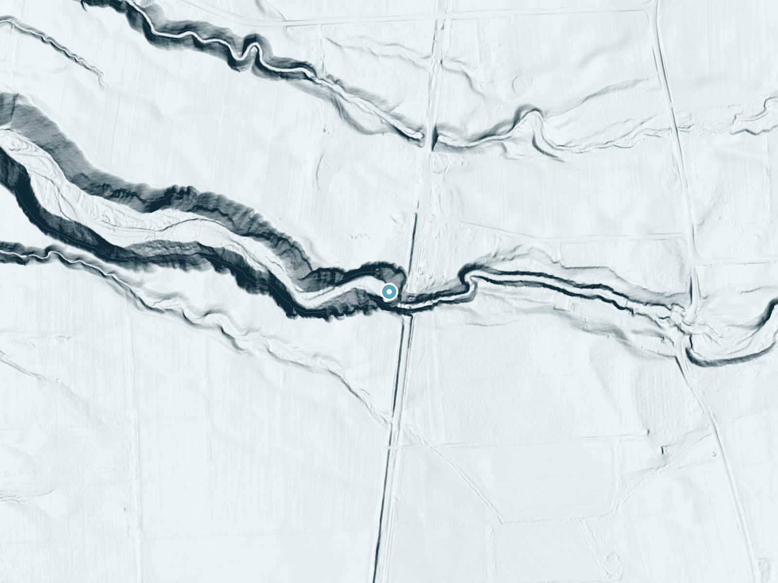LiDAR bare-earth terrain around Silver Thread Falls near Interlaken, New York, showing about 214 feet of drop, a single sheer drop, facing west