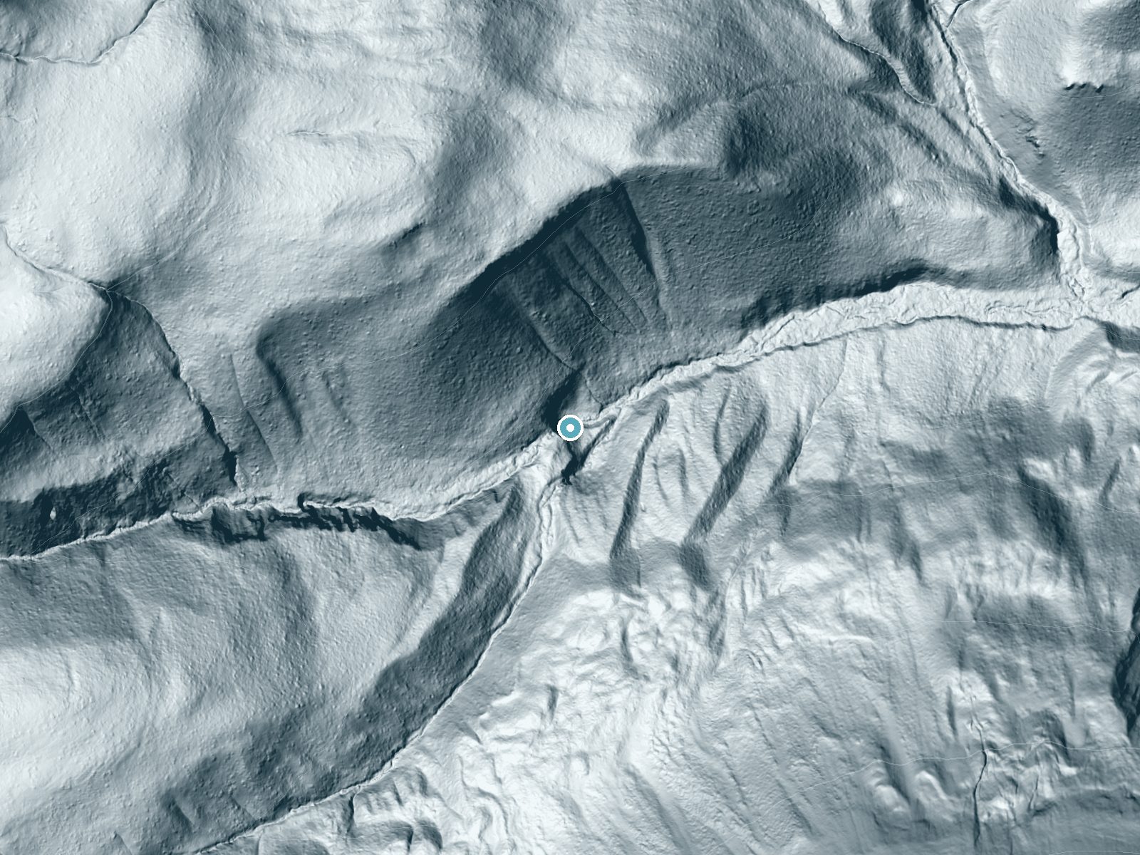 LiDAR bare-earth terrain around Lewis Falls near Smoot, Wyoming, showing about 189 feet of drop, a steep tiered drop, facing east