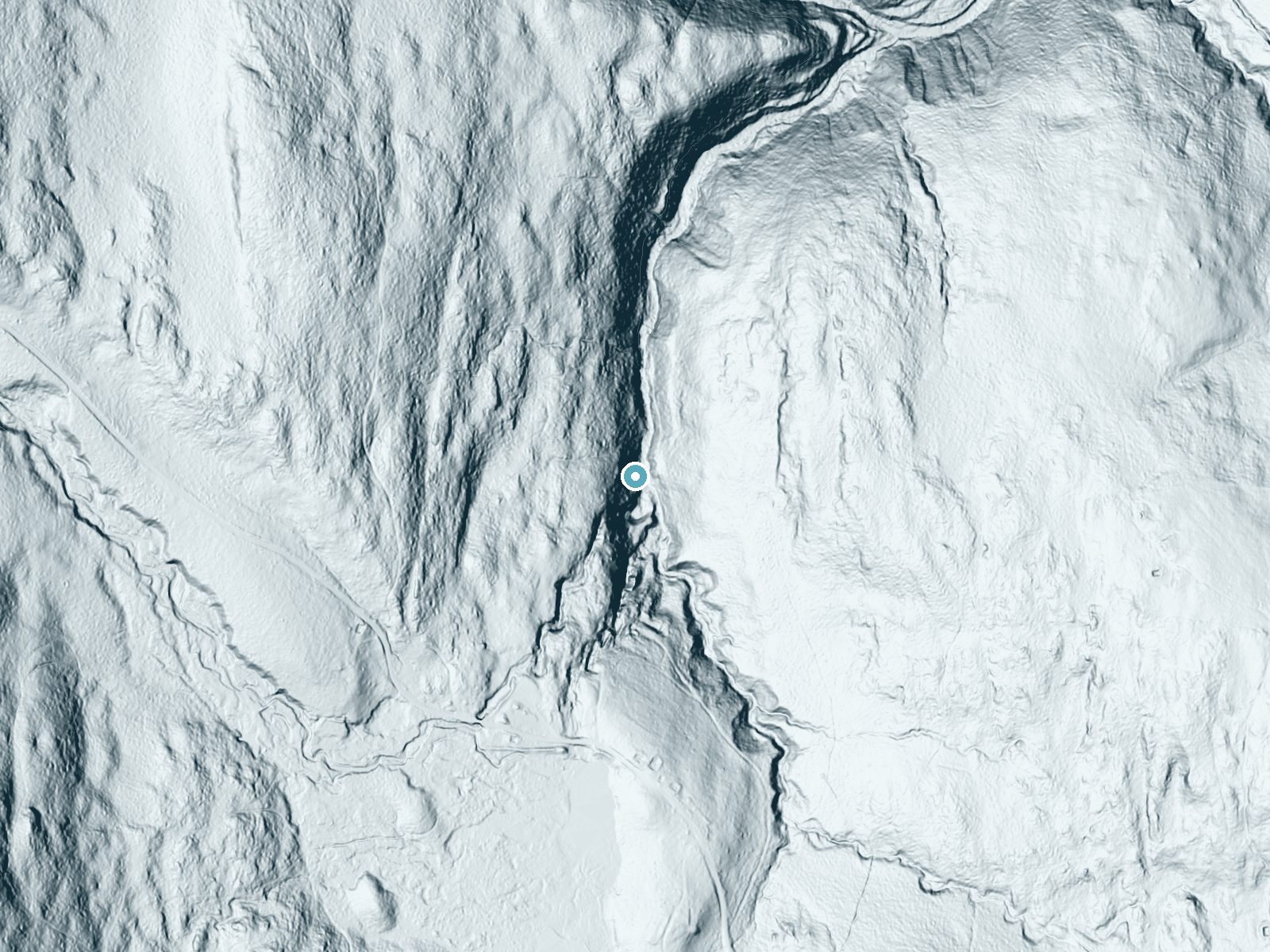 LiDAR bare-earth terrain around Tannery Falls near North Adams, Massachusetts, showing about 129 feet of drop, a steep tiered drop, facing east