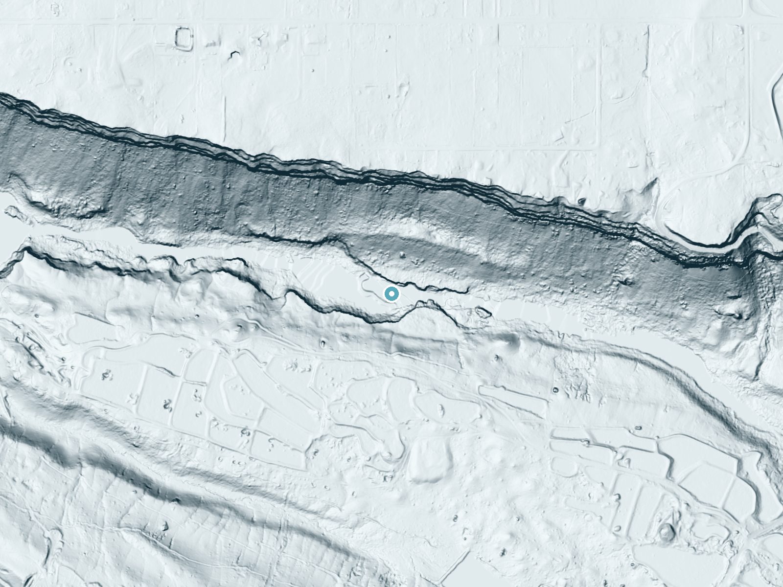 LiDAR bare-earth terrain around Auger Falls near Jerome, Idaho, showing about 82 feet of drop, a long cascade, facing southwest