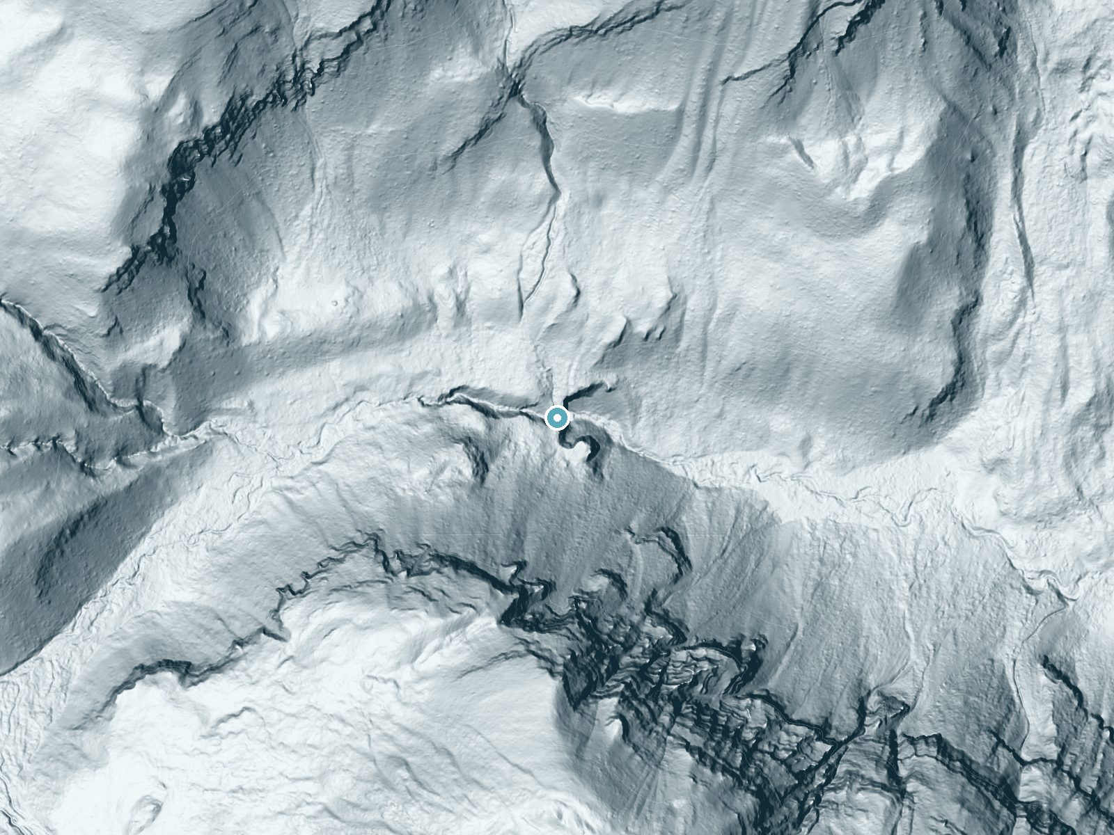 LiDAR bare-earth terrain around Spring Creek Falls near Smoot, Wyoming, showing about 176 feet of drop, a steep tiered drop, facing east