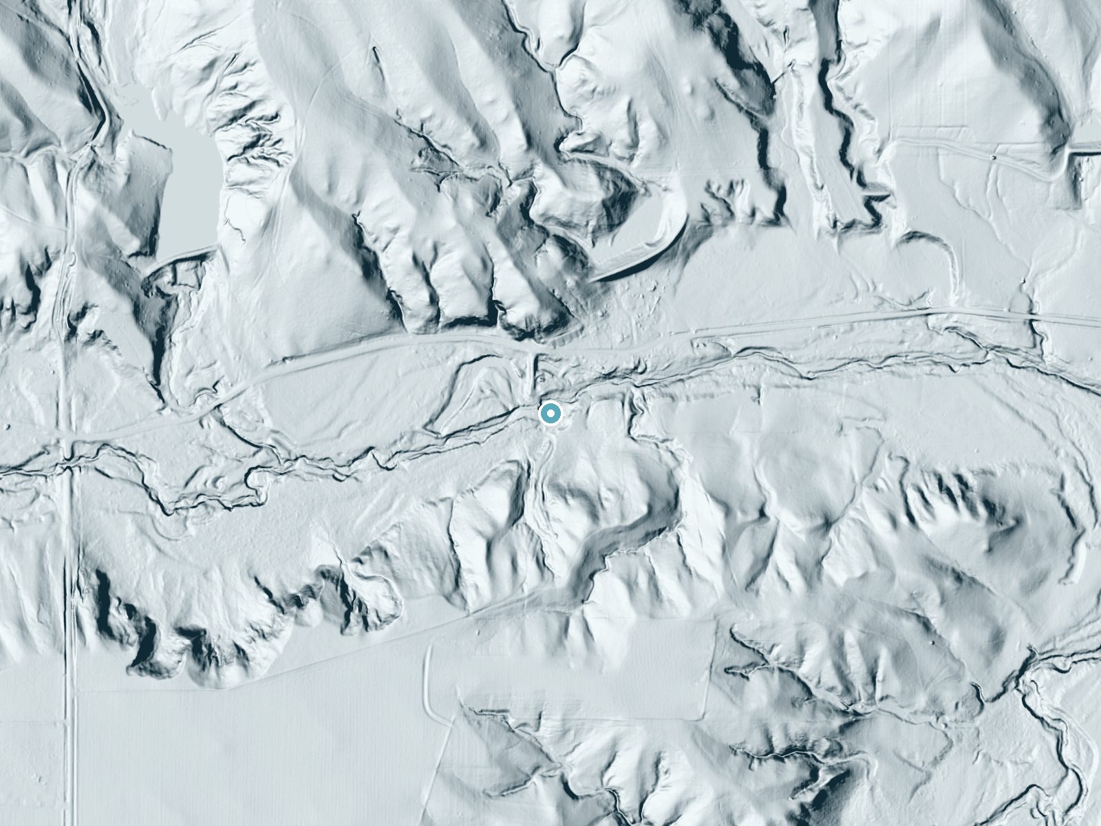 LiDAR bare-earth terrain around Rock Falls near Emmet, Nebraska, showing about 25 feet of drop, a long cascade, facing north