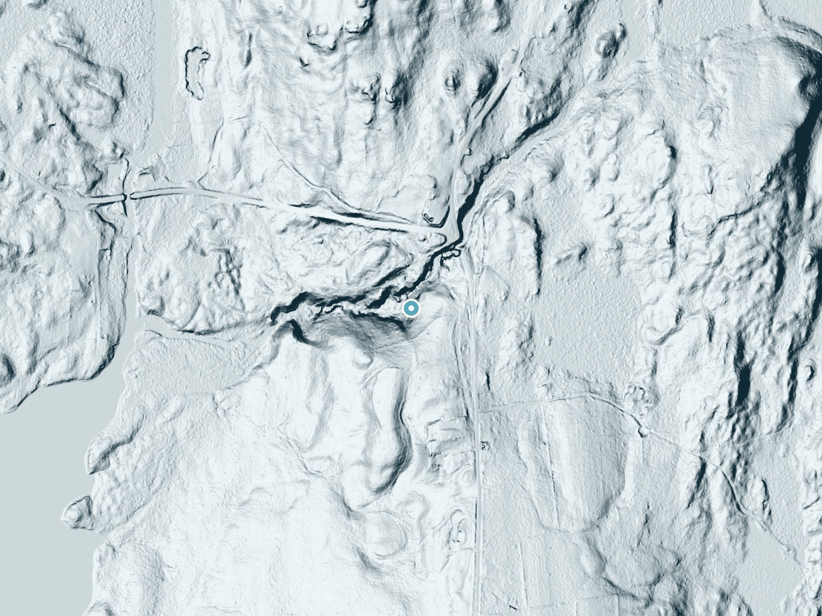 LiDAR bare-earth terrain around Doane Falls near Baldwinville, Massachusetts, showing about 139 feet of drop, a steep tiered drop, facing northwest