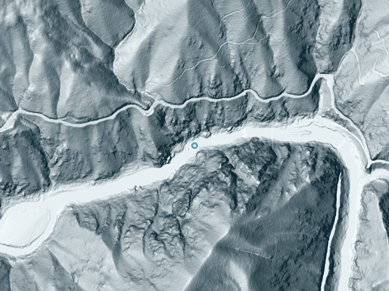 LiDAR bare-earth terrain around Grave Creek Falls near Glendale, Oregon, showing about 142 feet of drop, a steep tiered drop, facing south