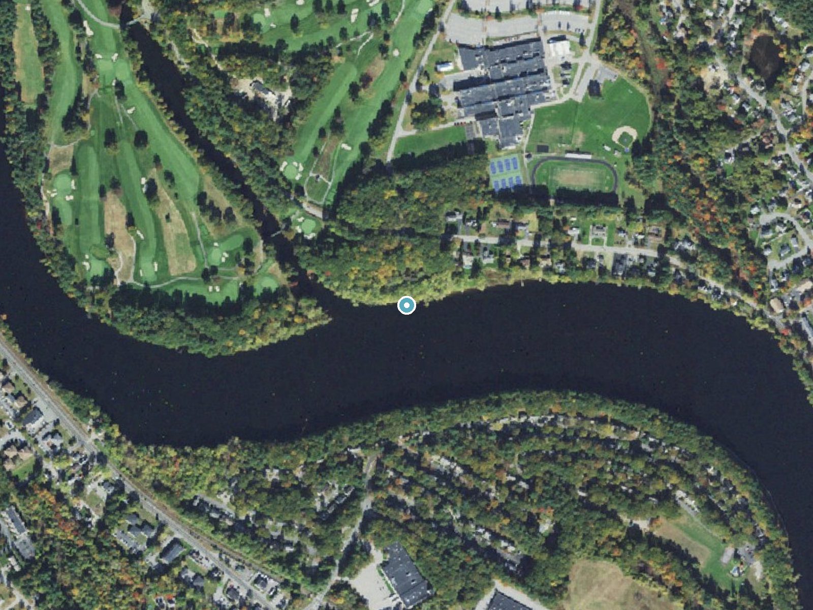 Aerial photo of the same ground around Wicassic Falls near Lowell, Massachusetts, for comparison with the lidar view