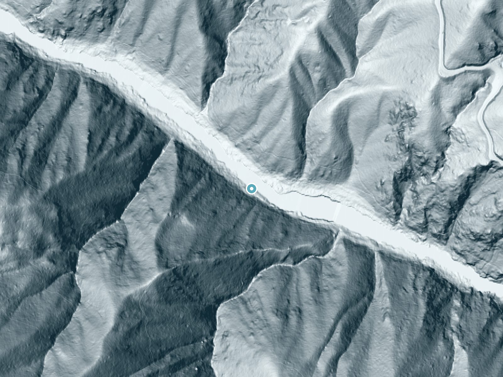 LiDAR bare-earth terrain around Rainie Falls near Glendale, Oregon, showing about 193 feet of drop, a steep tiered drop, facing northeast