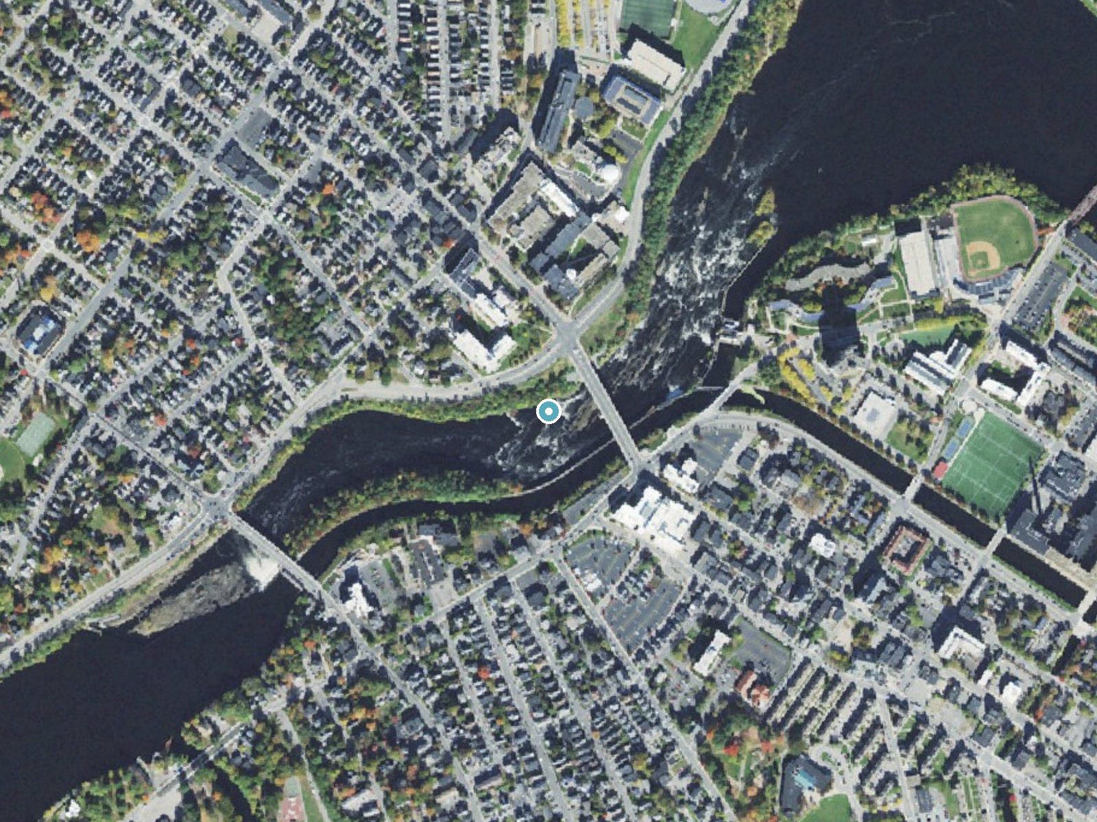 Aerial photo of the same ground around Pawtucket Falls near Lowell, Massachusetts, for comparison with the lidar view