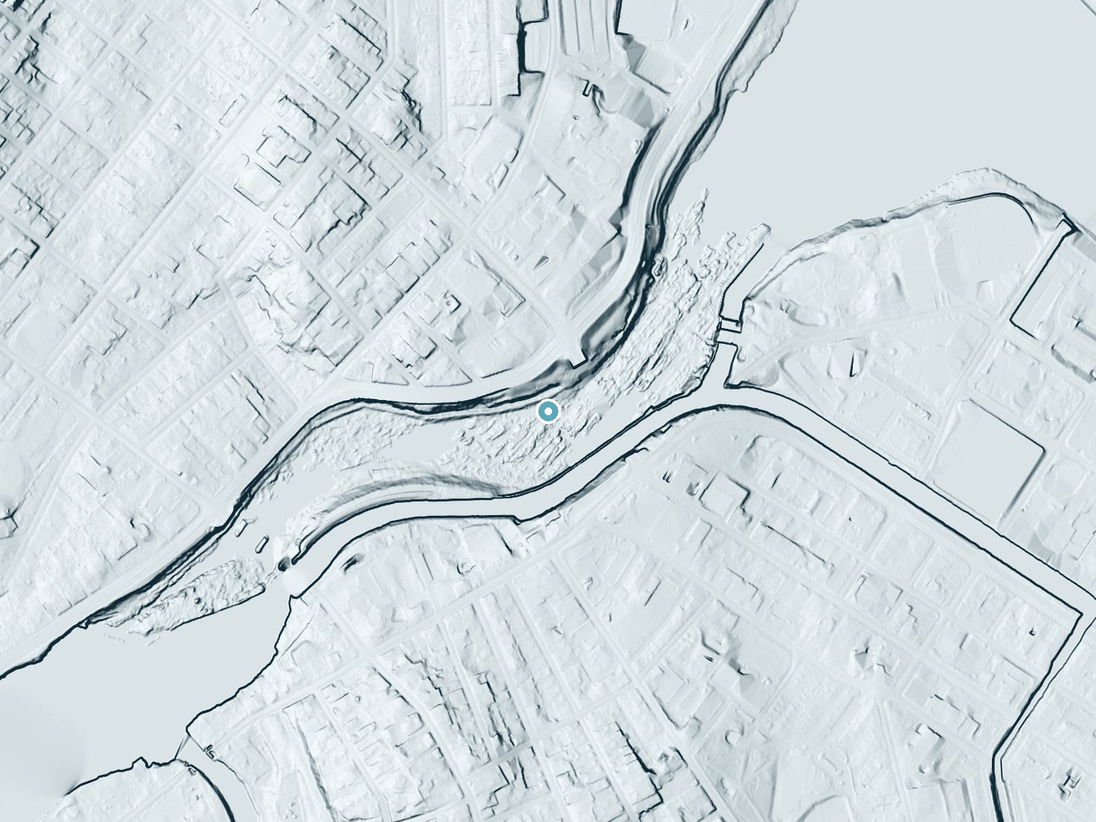 LiDAR bare-earth terrain around Pawtucket Falls near Lowell, Massachusetts, showing about 55 feet of drop, a long cascade, facing southeast
