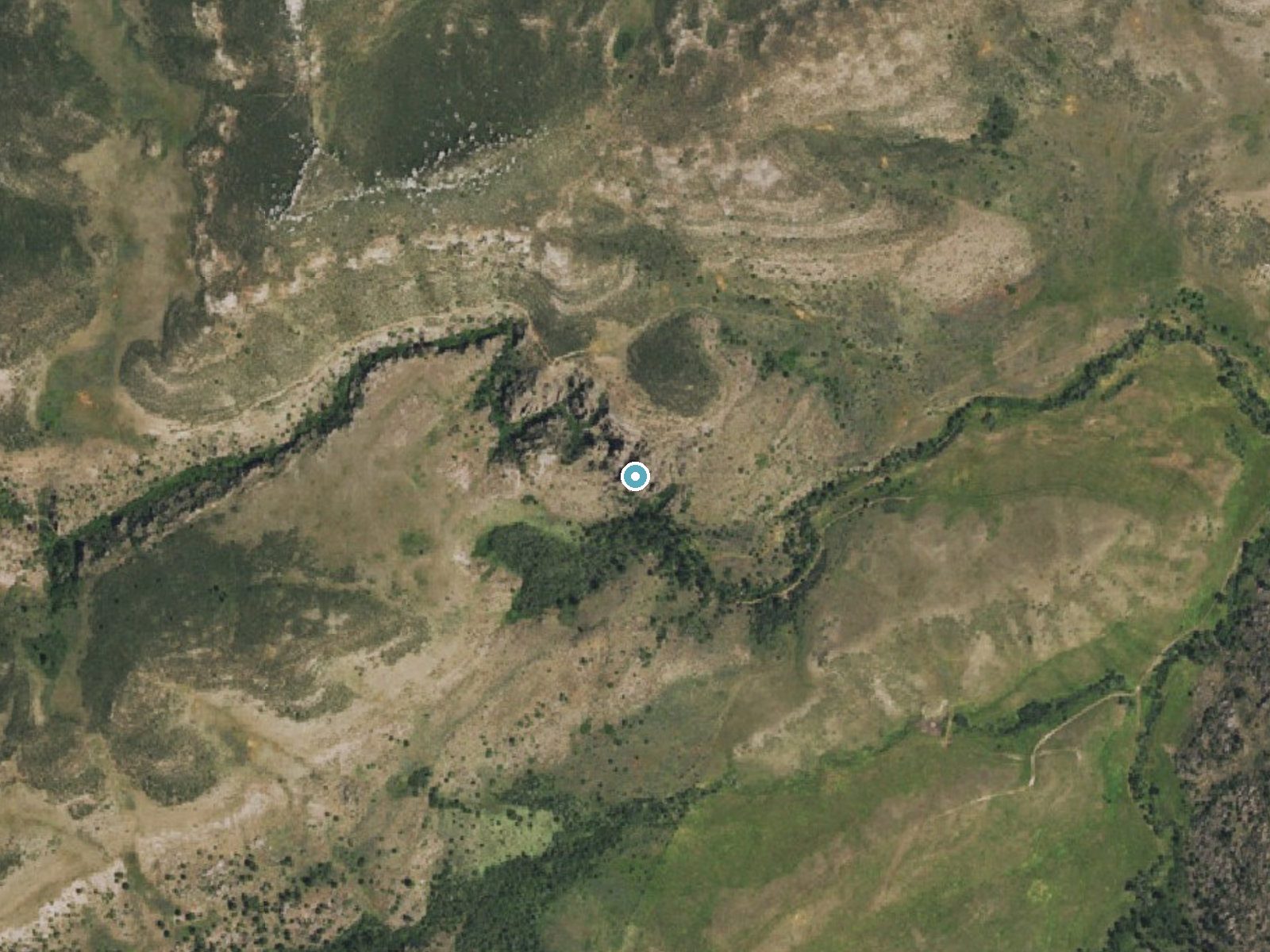 Aerial photo of the same ground around Le Vasseur Falls near Glenrock, Wyoming, for comparison with the lidar view