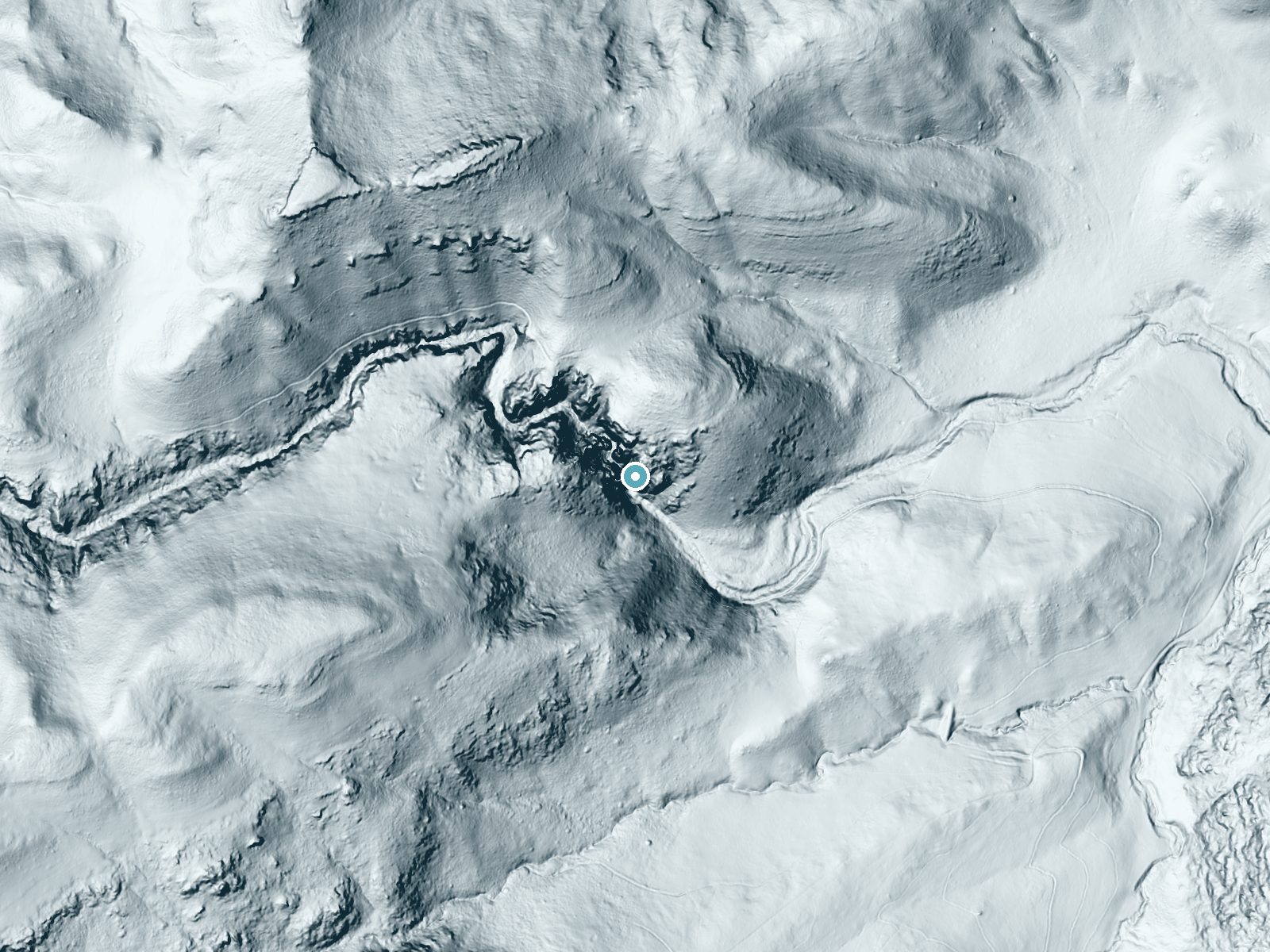 LiDAR bare-earth terrain around Le Vasseur Falls near Glenrock, Wyoming, showing about 220 feet of drop, a single sheer drop, facing south