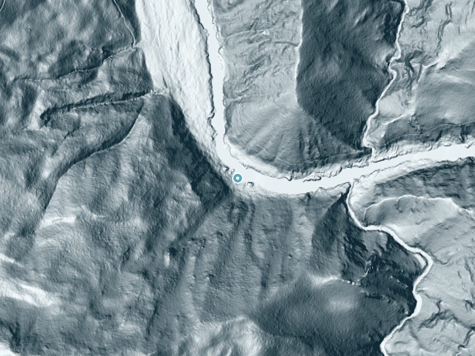 LiDAR bare-earth terrain around Upper Black Bar Falls near Glendale, Oregon, showing about 158 feet of drop, a steep tiered drop, facing northeast