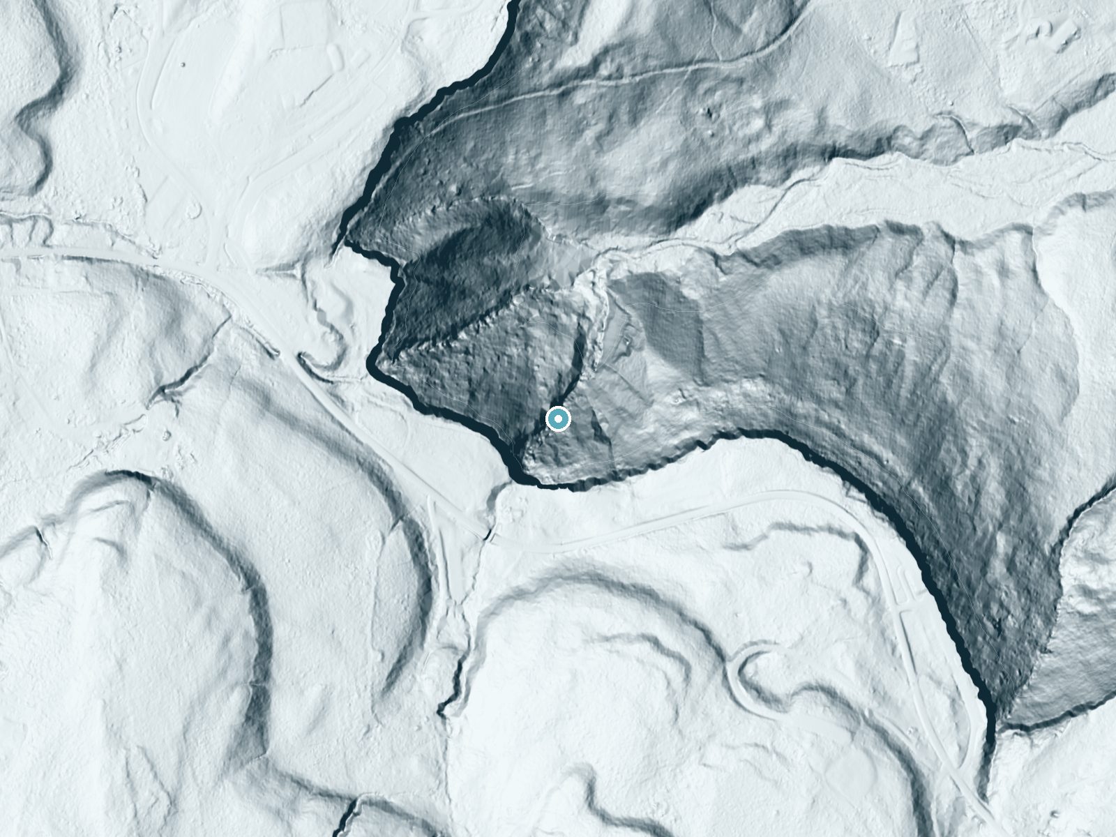 LiDAR bare-earth terrain around Mine Lot Falls near Voorheesville, New York, showing about 310 feet of drop, a steep tiered drop, facing north