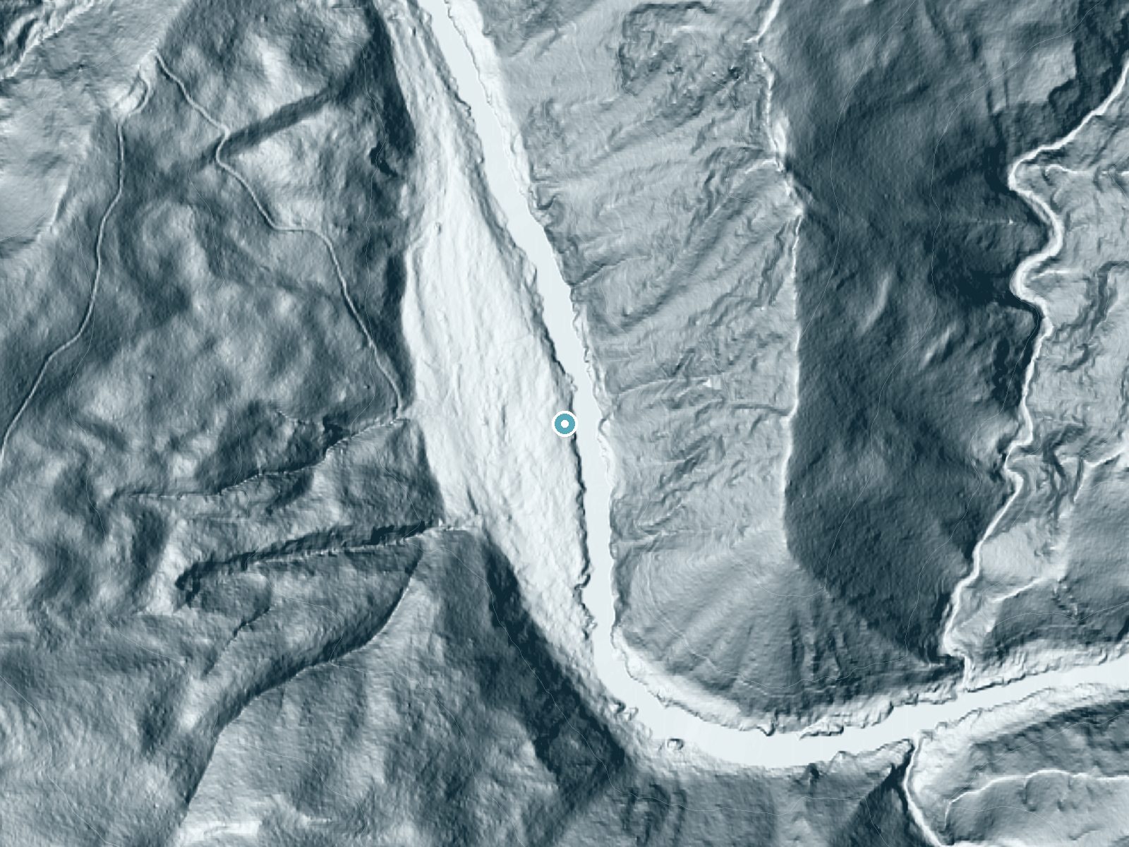 LiDAR bare-earth terrain around Lower Black Bar Falls near Glendale, Oregon, showing about 60 feet of drop, a long cascade, facing east