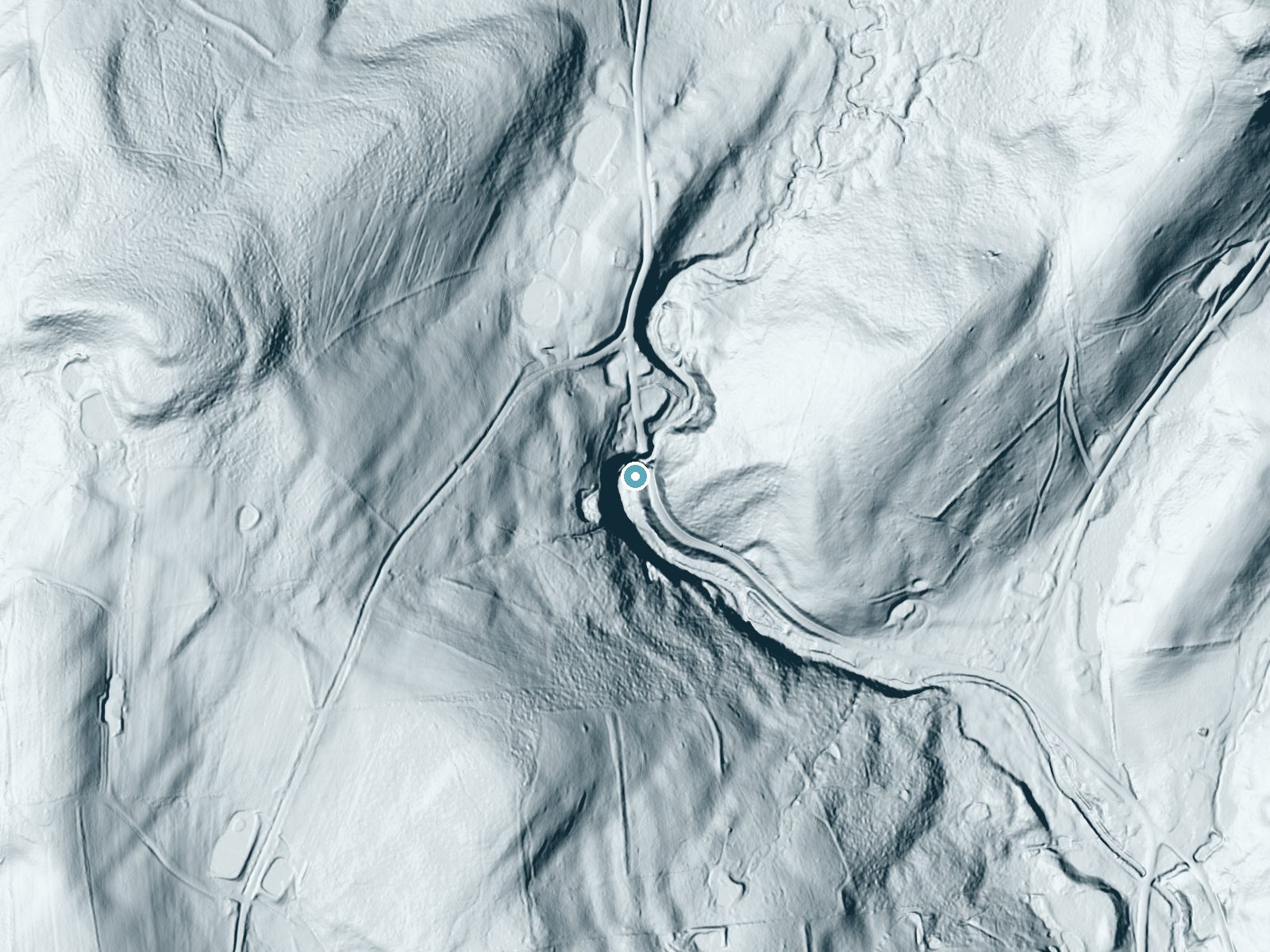 LiDAR bare-earth terrain around Buttermilk Falls near East Worcester, New York, showing about 123 feet of drop, a steep tiered drop, facing southeast