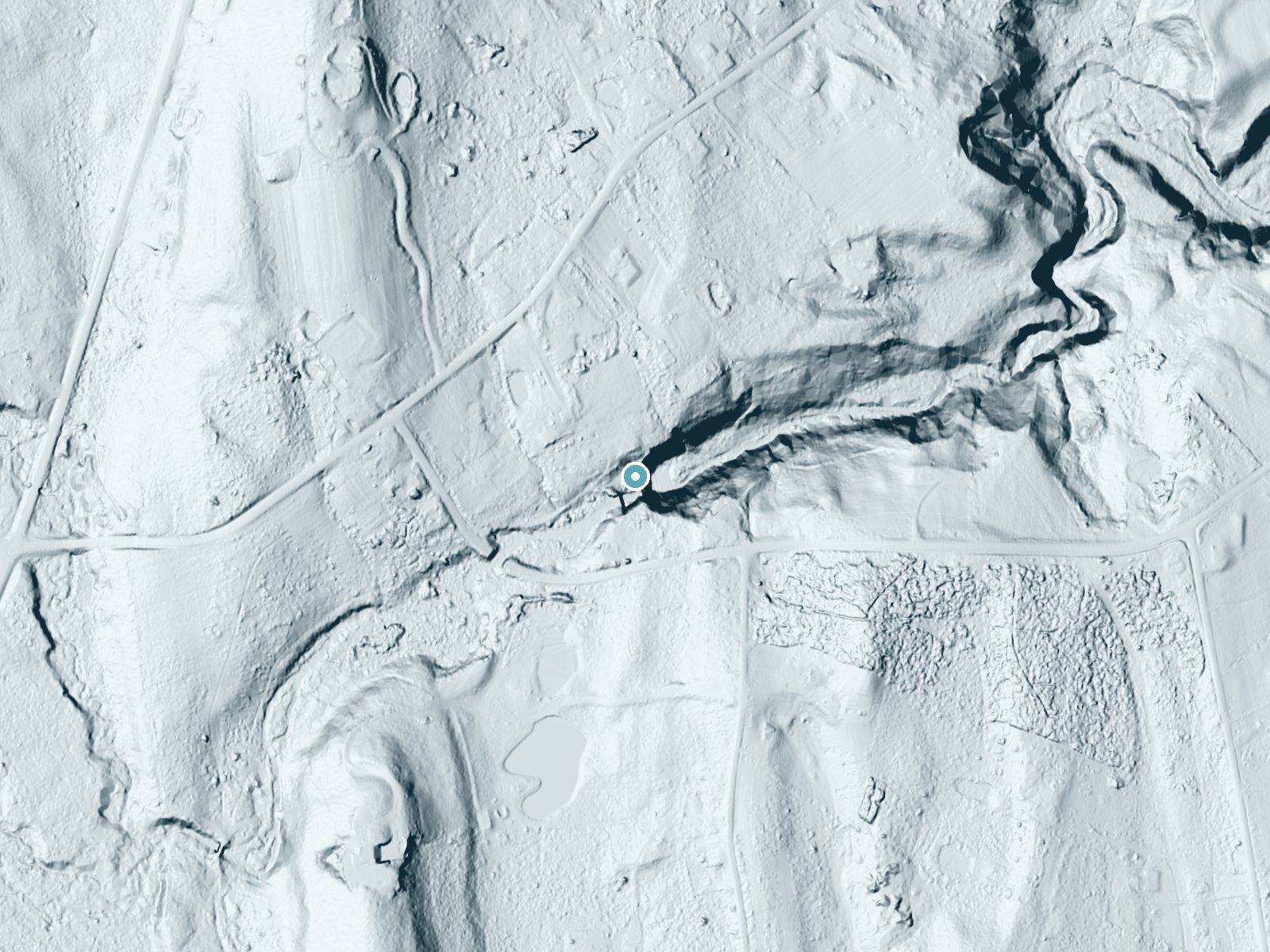 LiDAR bare-earth terrain around Horton Falls near Voorheesville, New York, showing about 104 feet of drop, a steep tiered drop, facing east