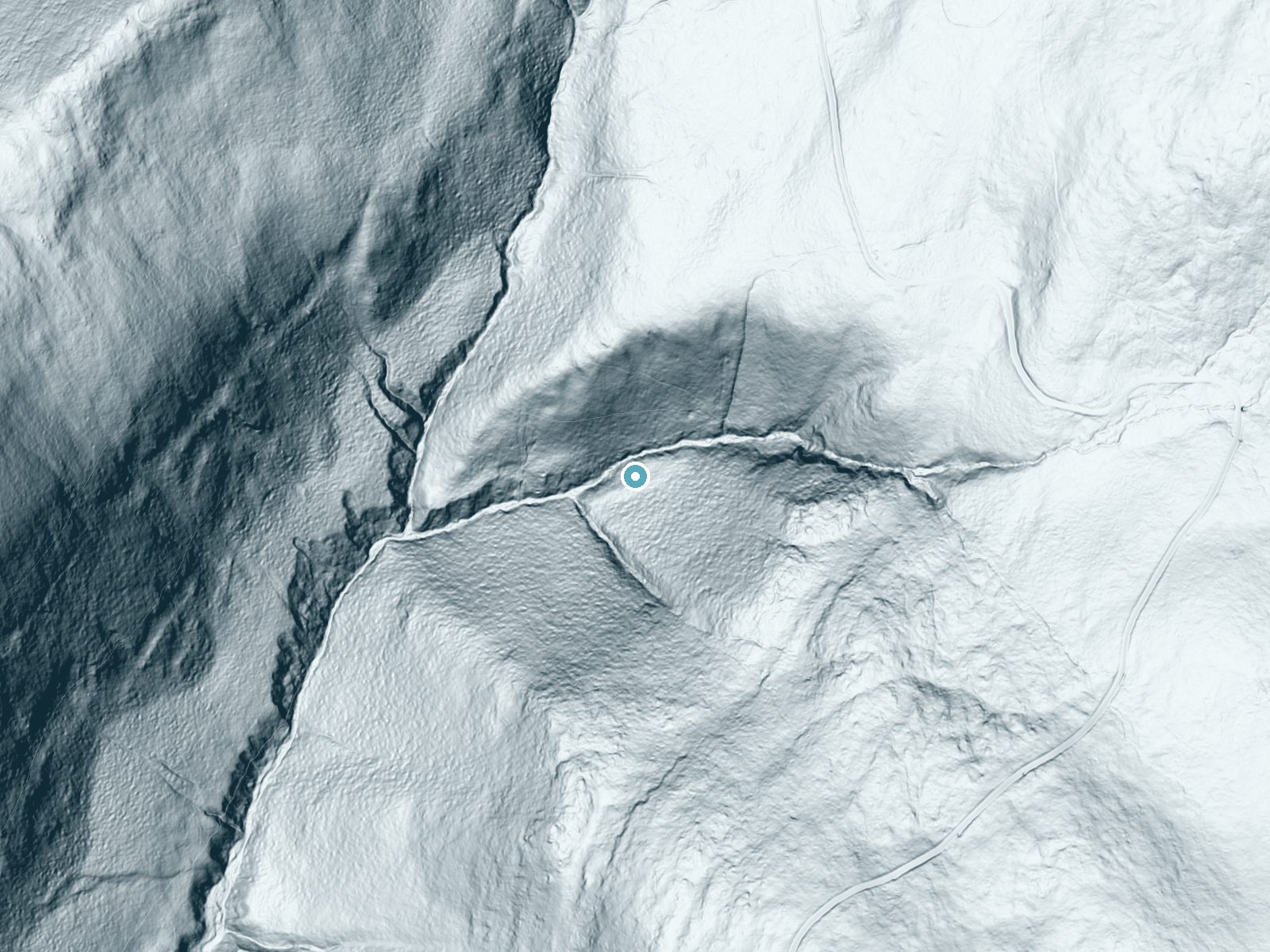 LiDAR bare-earth terrain around Money Brook Falls near North Adams, Massachusetts, showing about 194 feet of drop, a steep tiered drop, facing west