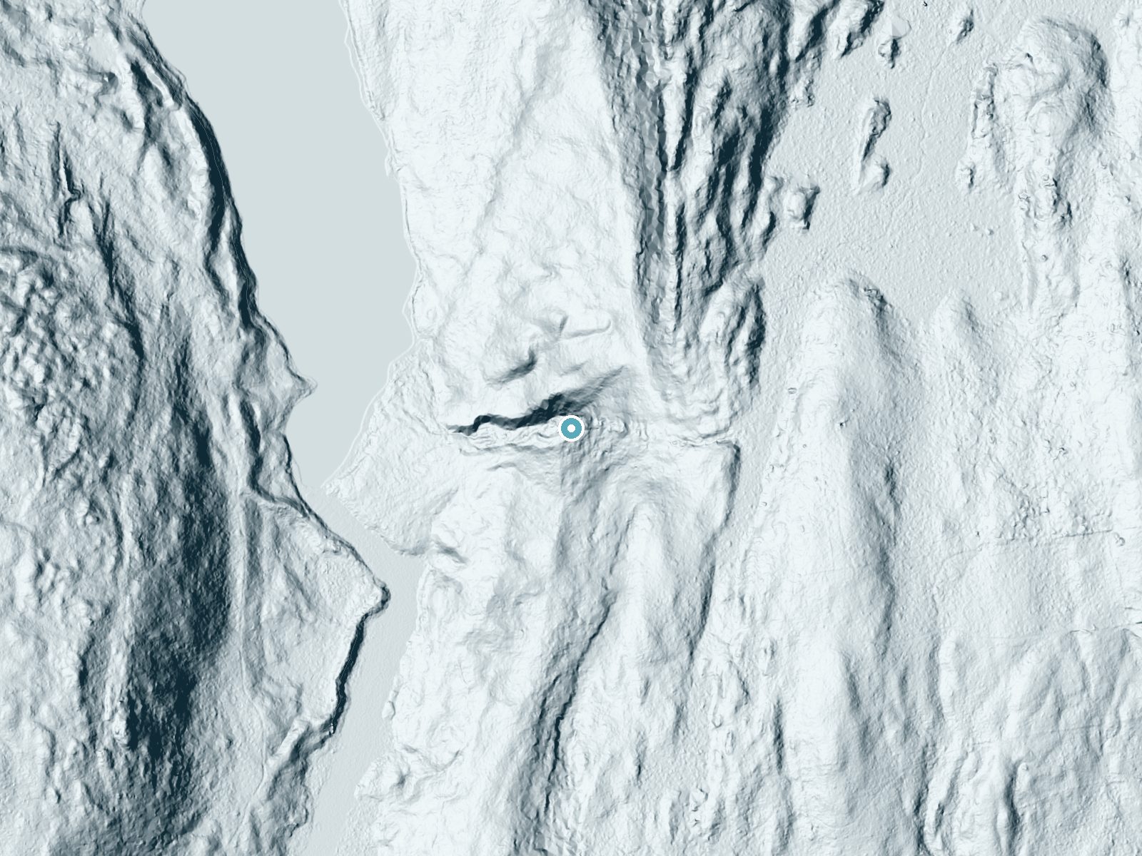 LiDAR bare-earth terrain around Spirit Falls near Baldwinville, Massachusetts, showing about 183 feet of drop, a steep tiered drop, facing west