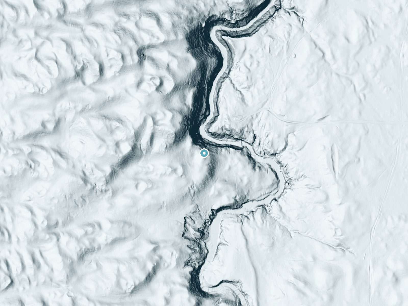 LiDAR bare-earth terrain around Snake River Falls near Crookston, Nebraska, showing about 160 feet of drop, a steep tiered drop, facing northeast