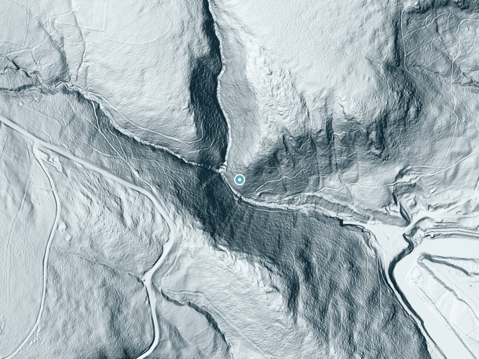 LiDAR bare-earth terrain around Twin Cascade near North Adams, Massachusetts, showing about 331 feet of drop, a steep tiered drop, facing south