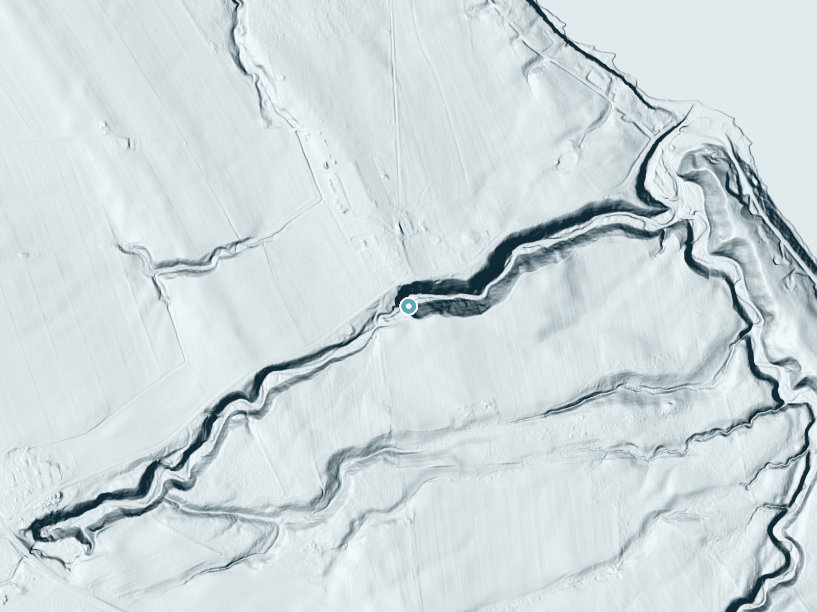 LiDAR bare-earth terrain around Oak Tree Falls near Interlaken, New York, showing about 121 feet of drop, a steep tiered drop, facing northeast