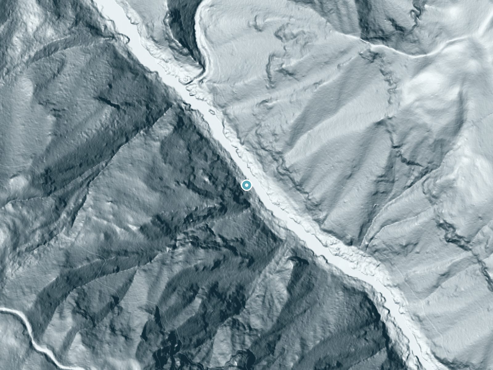LiDAR bare-earth terrain around Kelsey Falls (historical) near Glendale, Oregon, showing about 268 feet of drop, a steep tiered drop, facing northeast