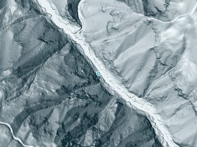 LiDAR terrain view around Kelsey Falls (historical) in Oregon, about 268 feet of drop
