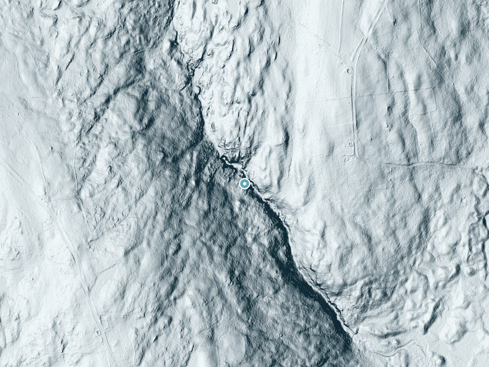 LiDAR bare-earth terrain around Royalston Falls near West Swanzey, Massachusetts, showing about 103 feet of drop, a steep tiered drop, facing east