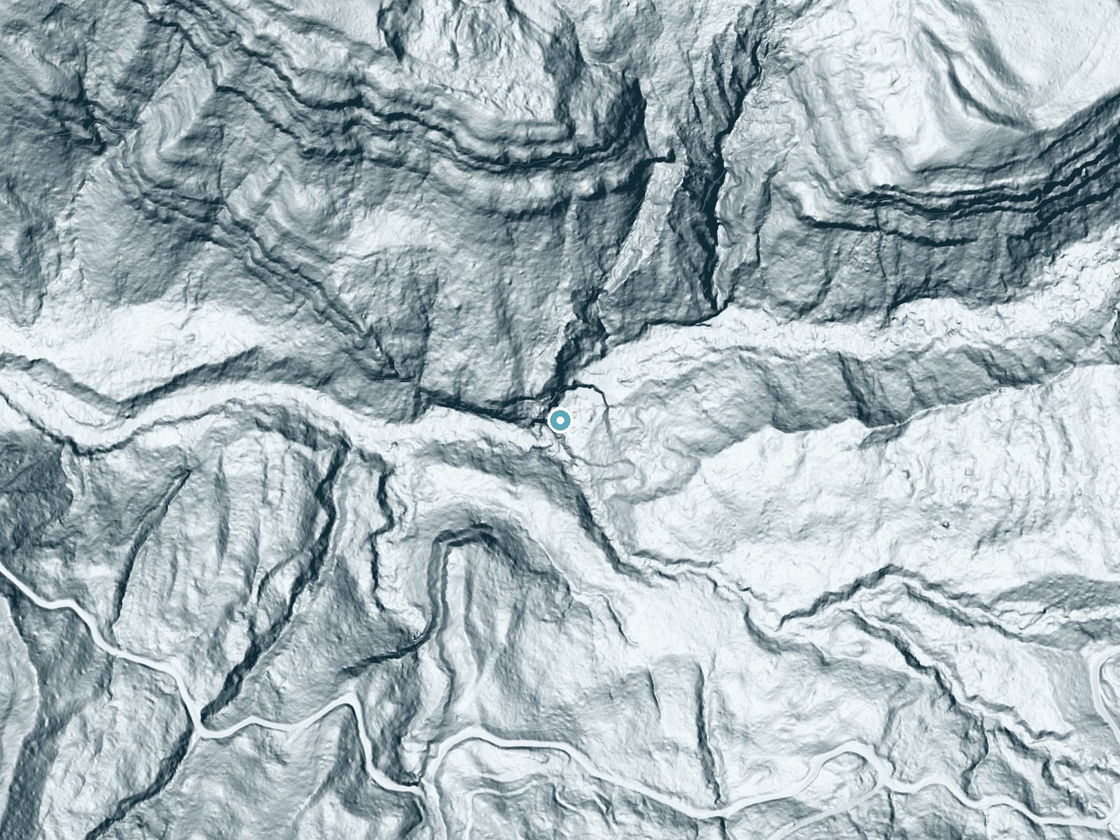 LiDAR bare-earth terrain around Coquille River Falls near Powers, Oregon, showing about 216 feet of drop, a steep tiered drop, facing southwest