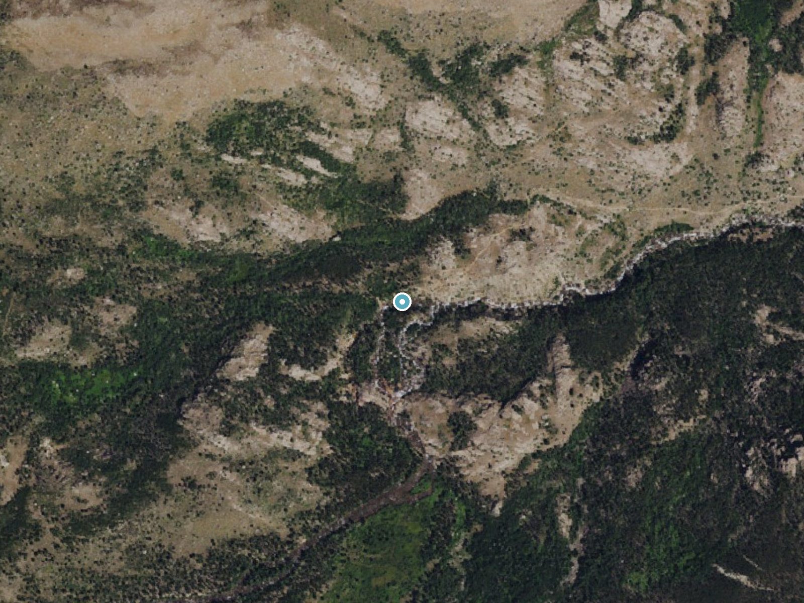 Aerial photo of the same ground around Popo Agie Falls near Lander, Wyoming, for comparison with the lidar view