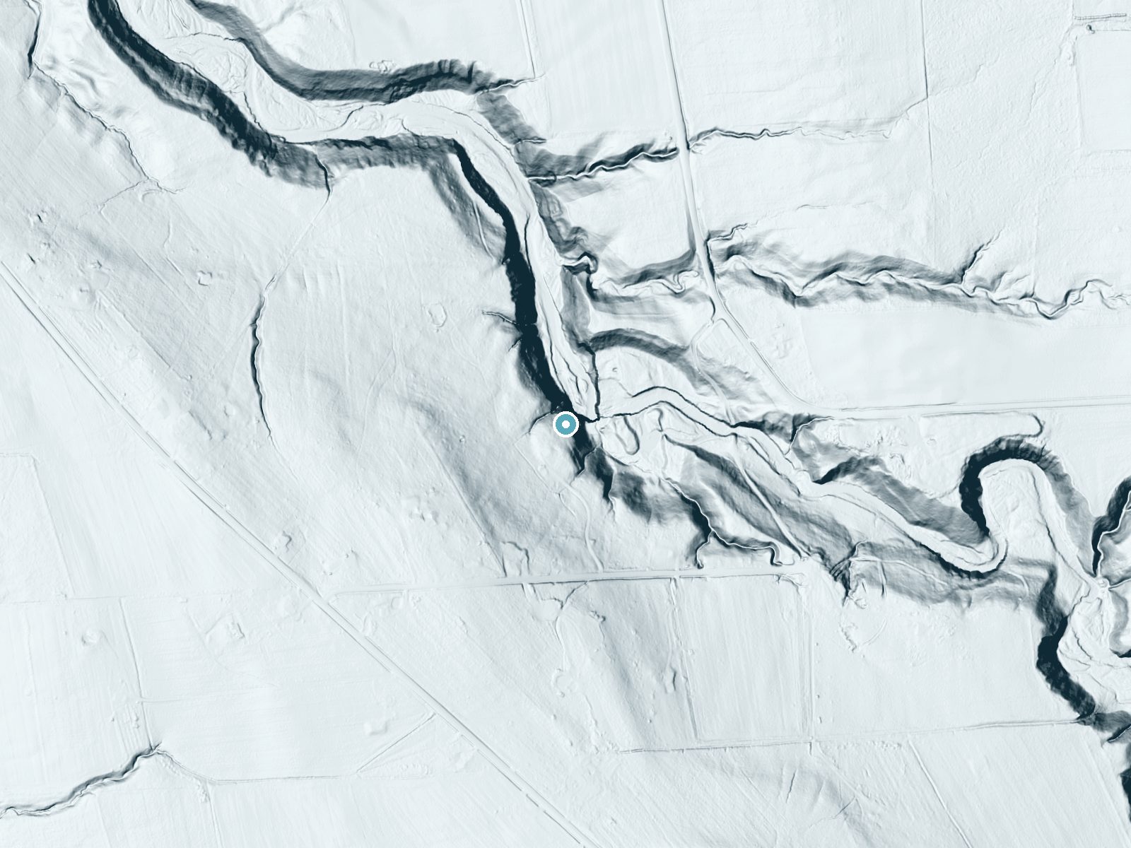 LiDAR bare-earth terrain around Moonshine Falls near Union Springs, New York, showing about 147 feet of drop, a single sheer drop, facing northeast
