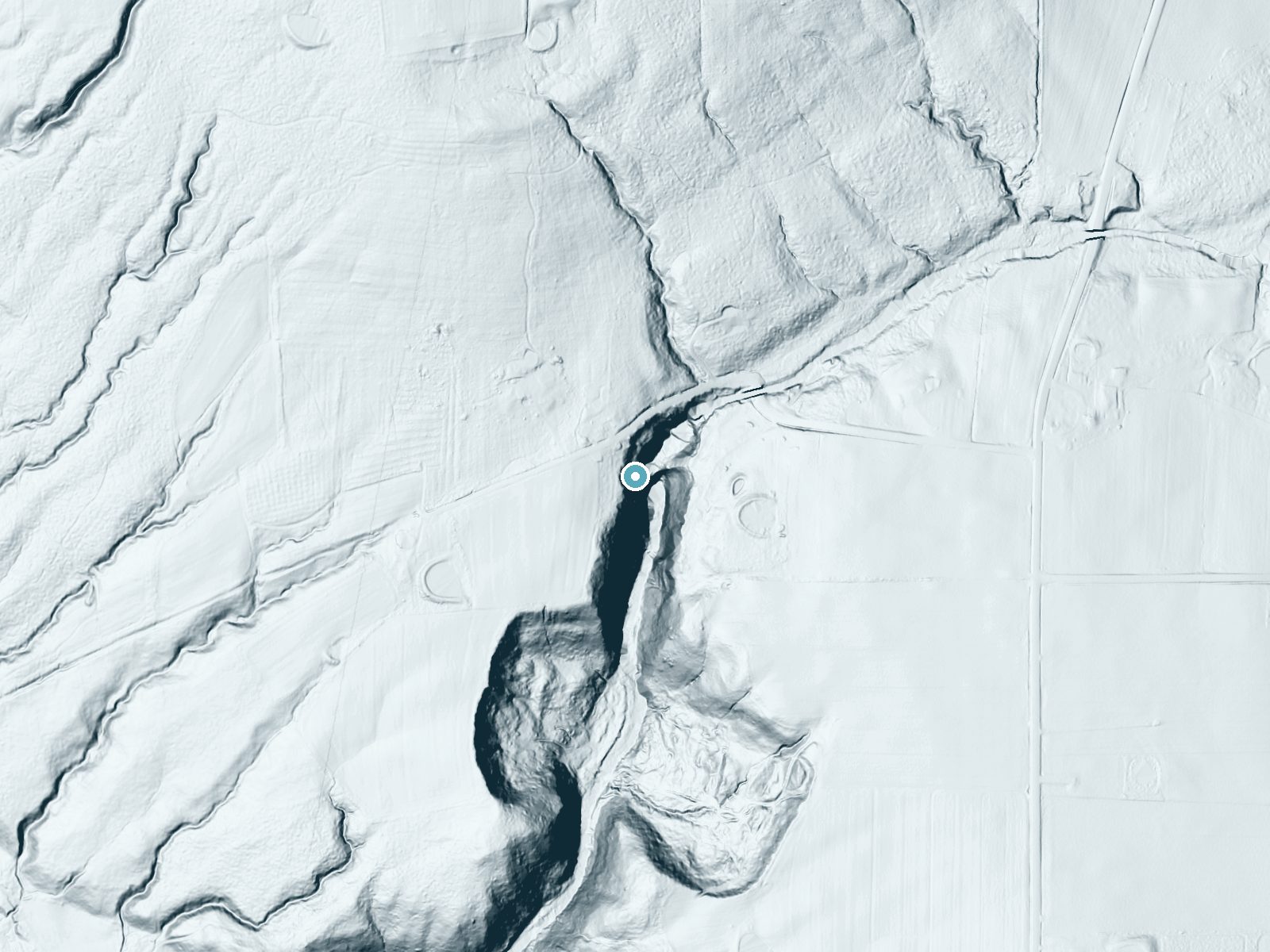 LiDAR bare-earth terrain around Johnson Falls near Strykersville, New York, showing about 201 feet of drop, a single sheer drop, facing southeast