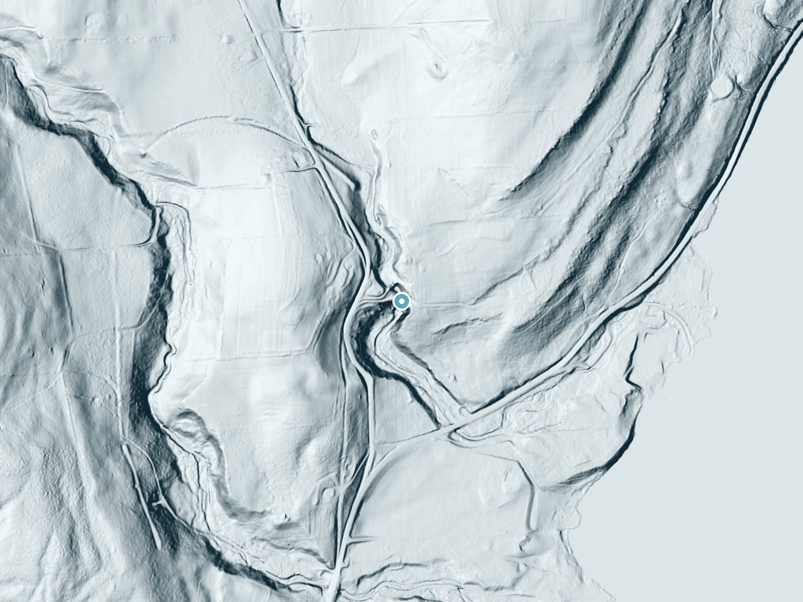LiDAR bare-earth terrain around Leatherstocking Falls near Cooperstown, New York, showing about 110 feet of drop, a steep tiered drop, facing south