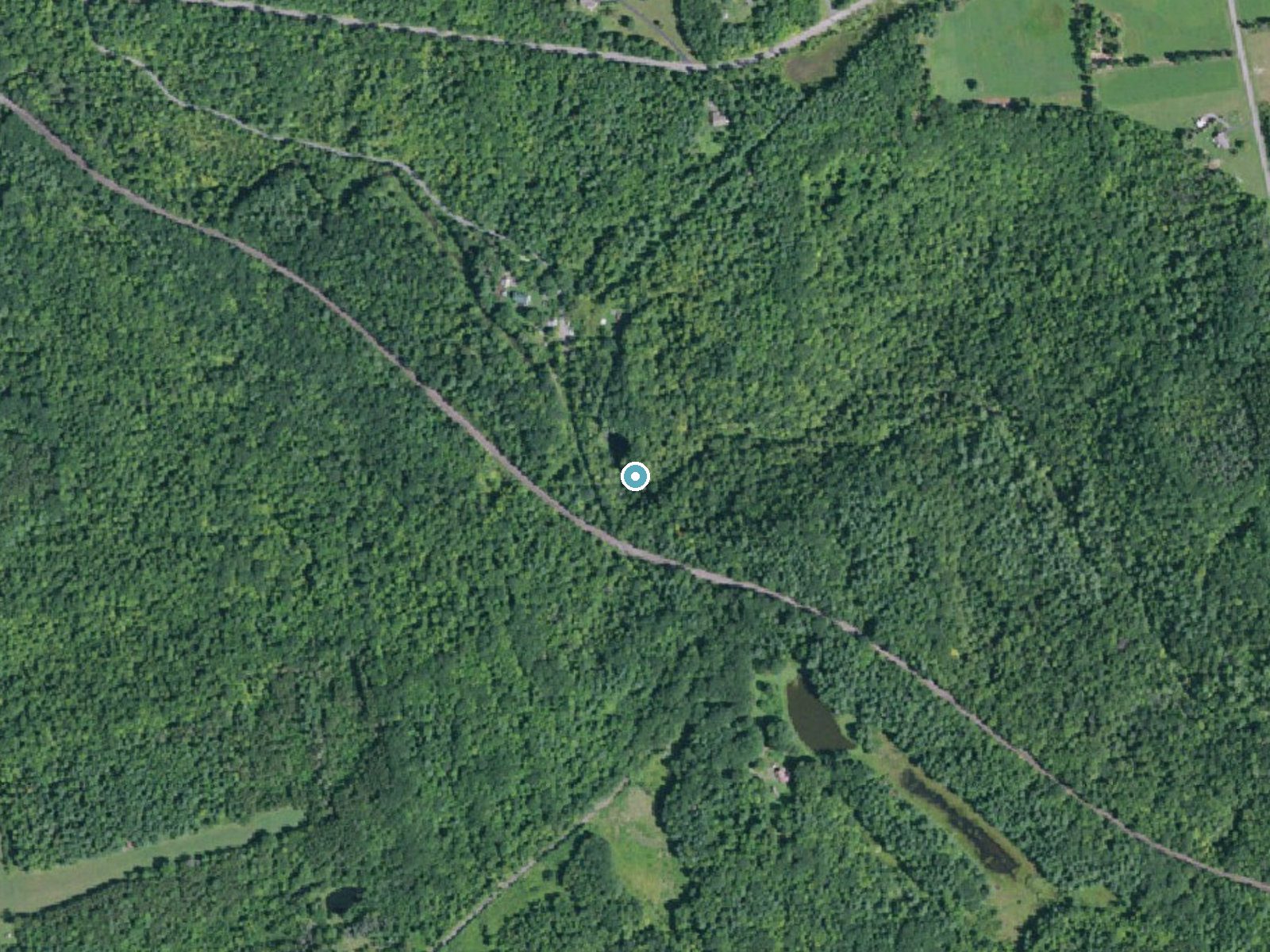 Aerial photo of the same ground around Bozen Kill Falls near Duane Lake, New York, for comparison with the lidar view