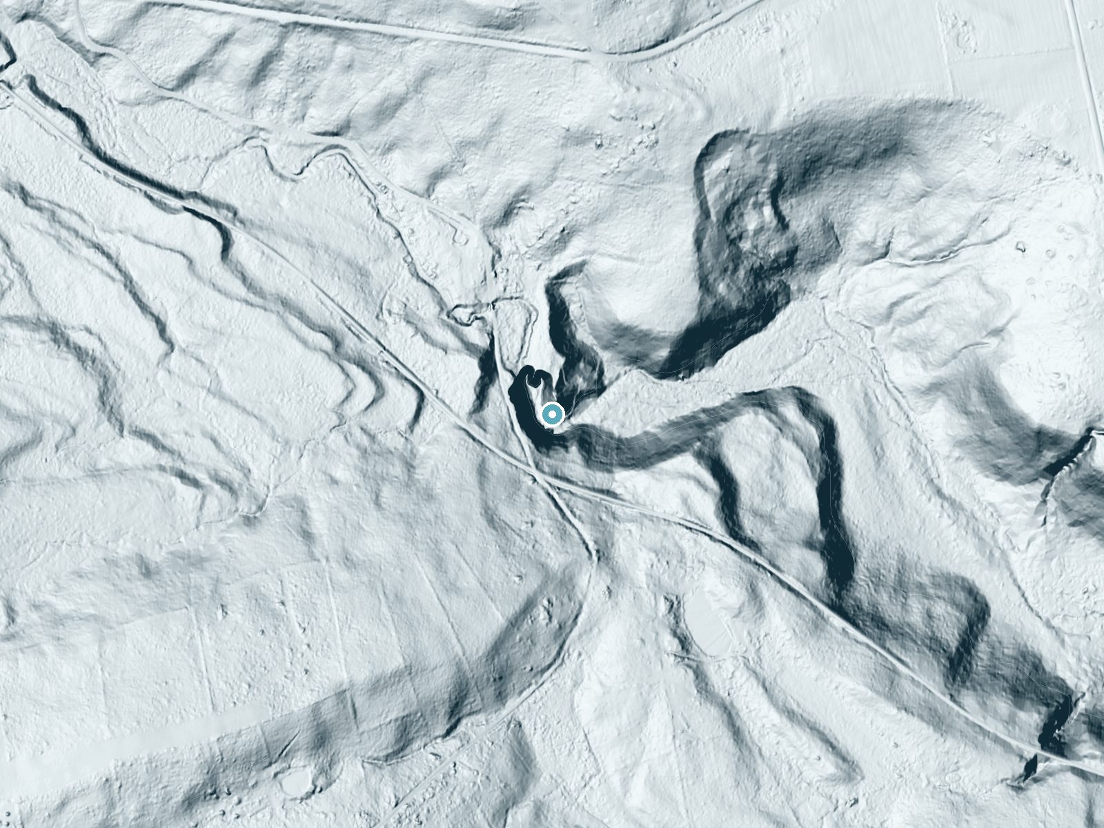 LiDAR bare-earth terrain around Bozen Kill Falls near Duane Lake, New York, showing about 137 feet of drop, a steep tiered drop, facing northeast