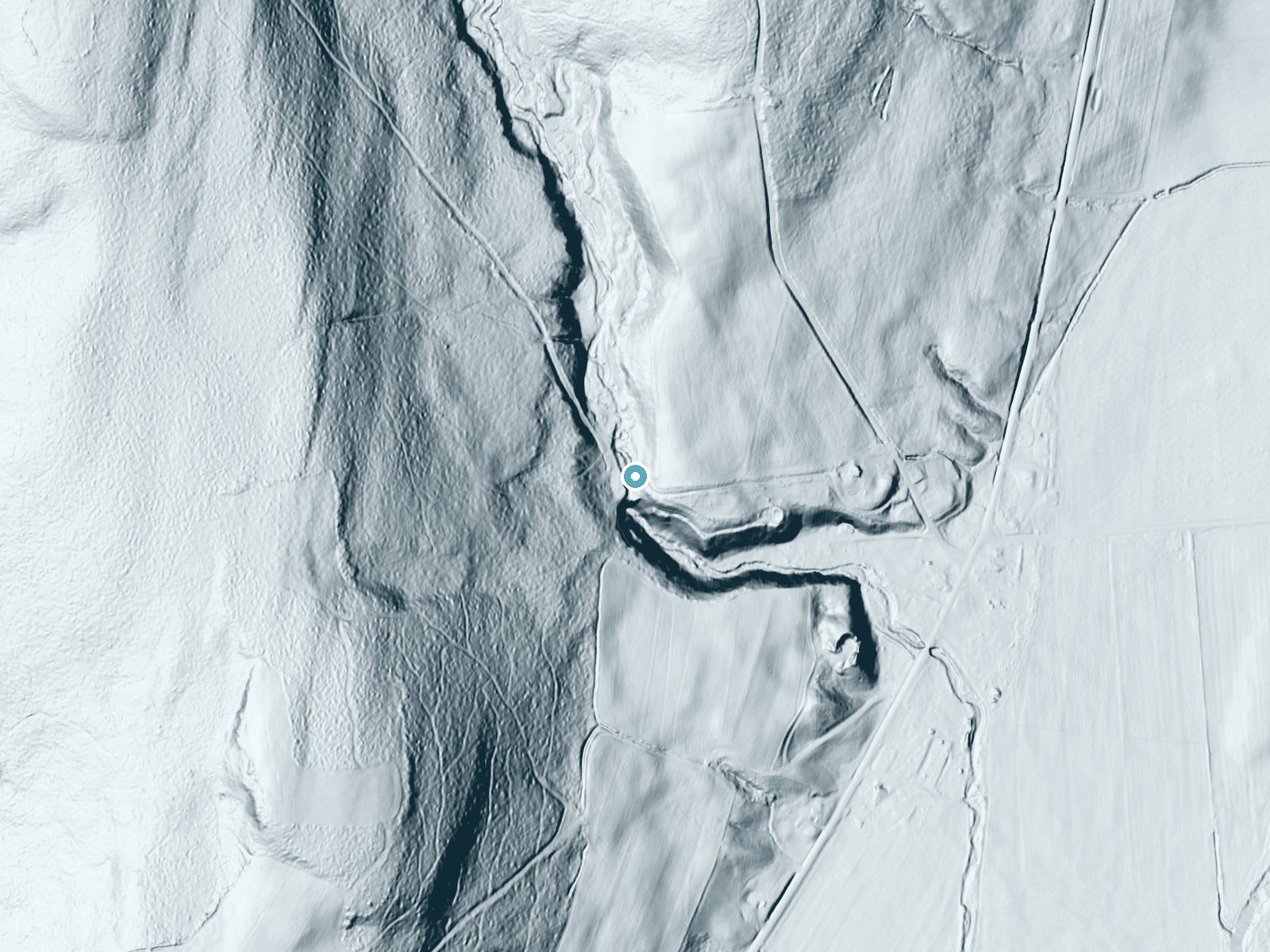 LiDAR bare-earth terrain around Spicer Falls near McGraw, New York, showing about 98 feet of drop, a steep tiered drop, facing south
