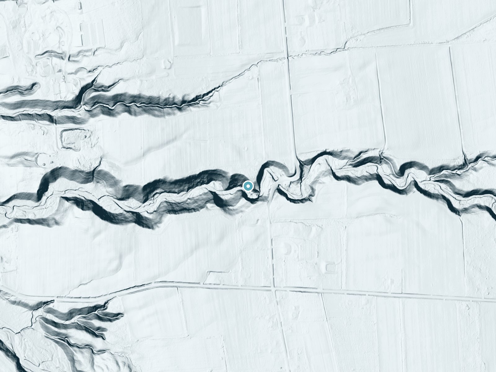 LiDAR bare-earth terrain around Clifton Falls near Union Springs, New York, showing about 119 feet of drop, a steep tiered drop, facing southwest