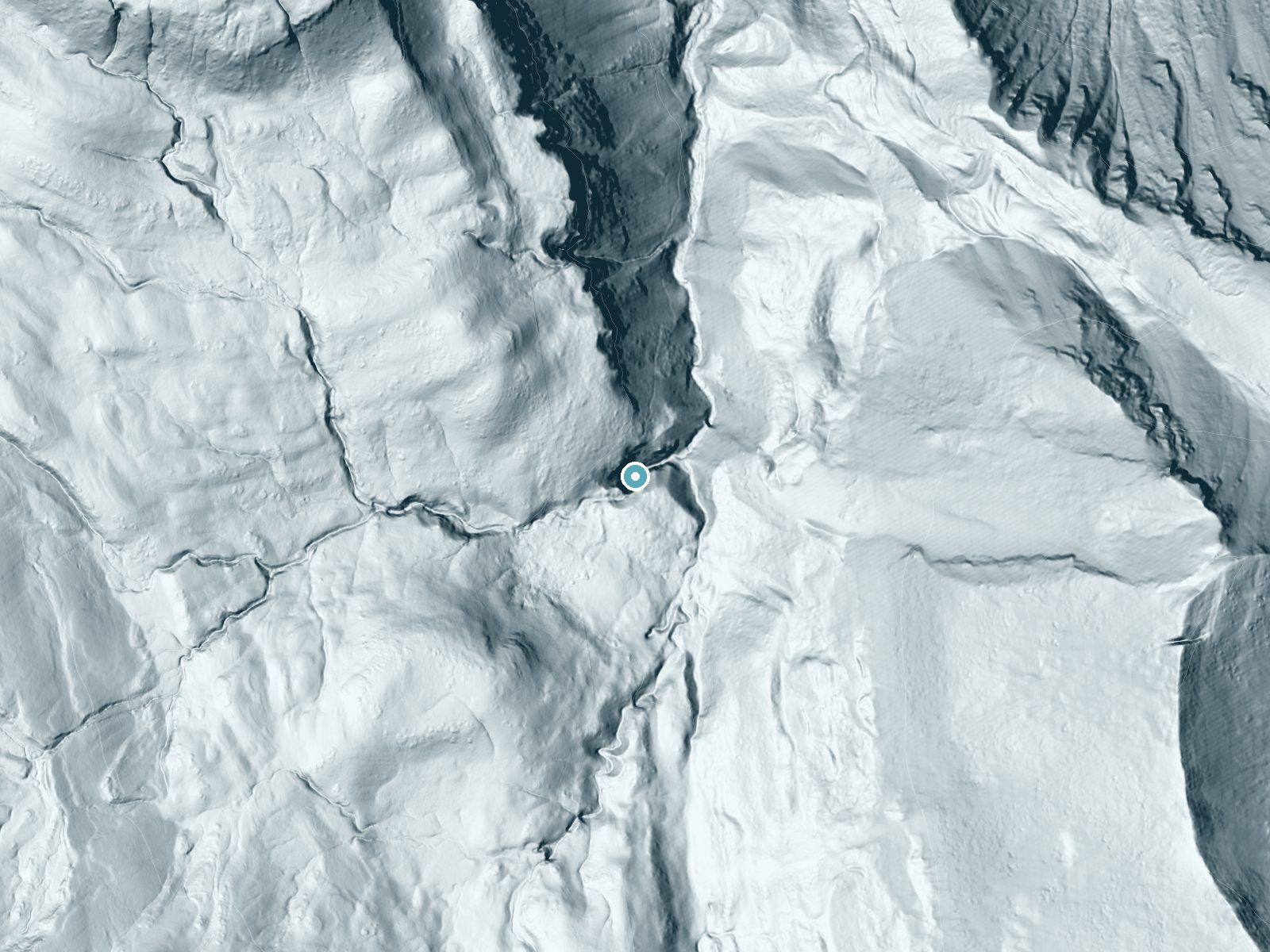 LiDAR bare-earth terrain around Menace Falls near Afton, Wyoming, showing about 192 feet of drop, a steep tiered drop, facing east