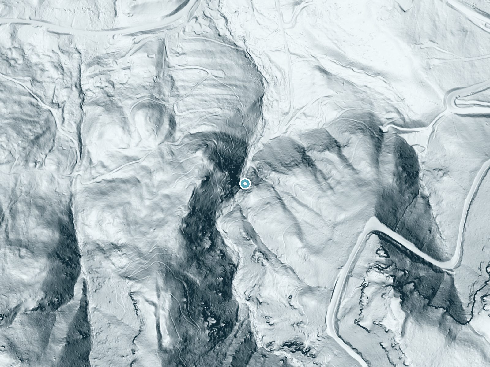 LiDAR bare-earth terrain around Garden Creek Waterfall near Casper Mountain, Wyoming, showing about 244 feet of drop, a steep tiered drop, facing north