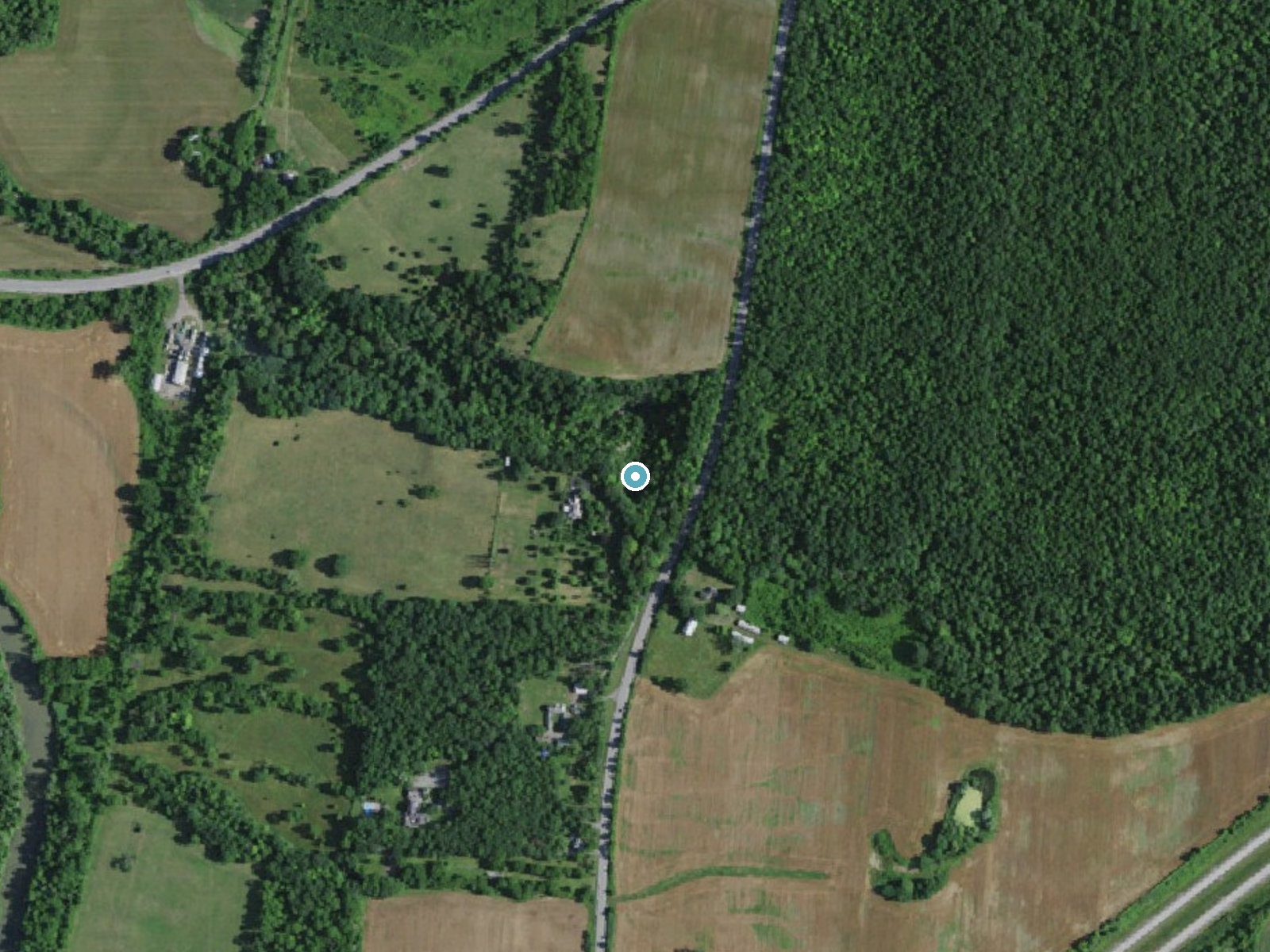 Aerial photo of the same ground around Fall Brook Falls near Cuylerville, New York, for comparison with the lidar view